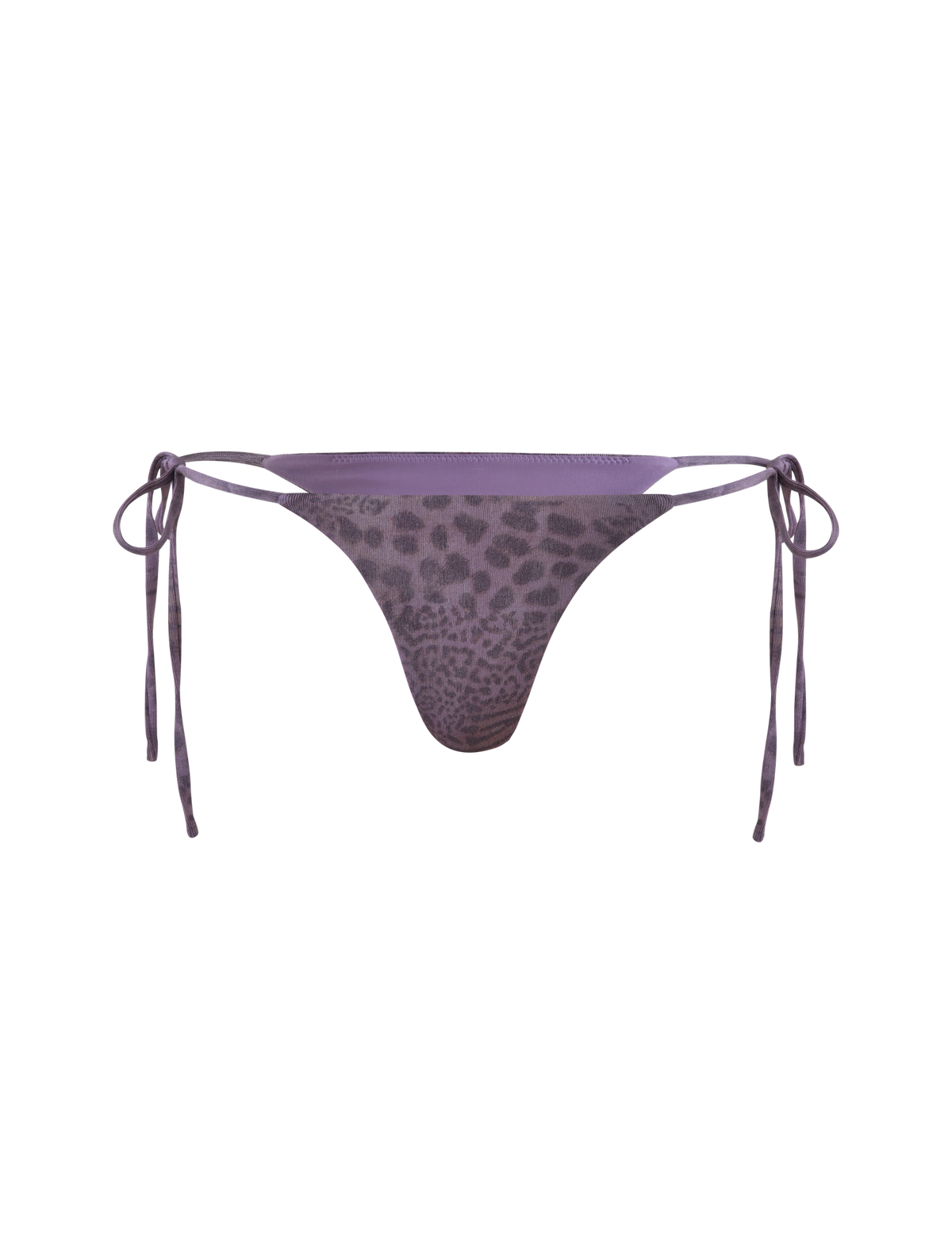 The JESSALYN BIKINI BOTTOM - PURPLE TIGER by TIGERMIST features a purple sparkle animal print, side tie strings, and cheeky minimal coverage, displayed against a light purple background.