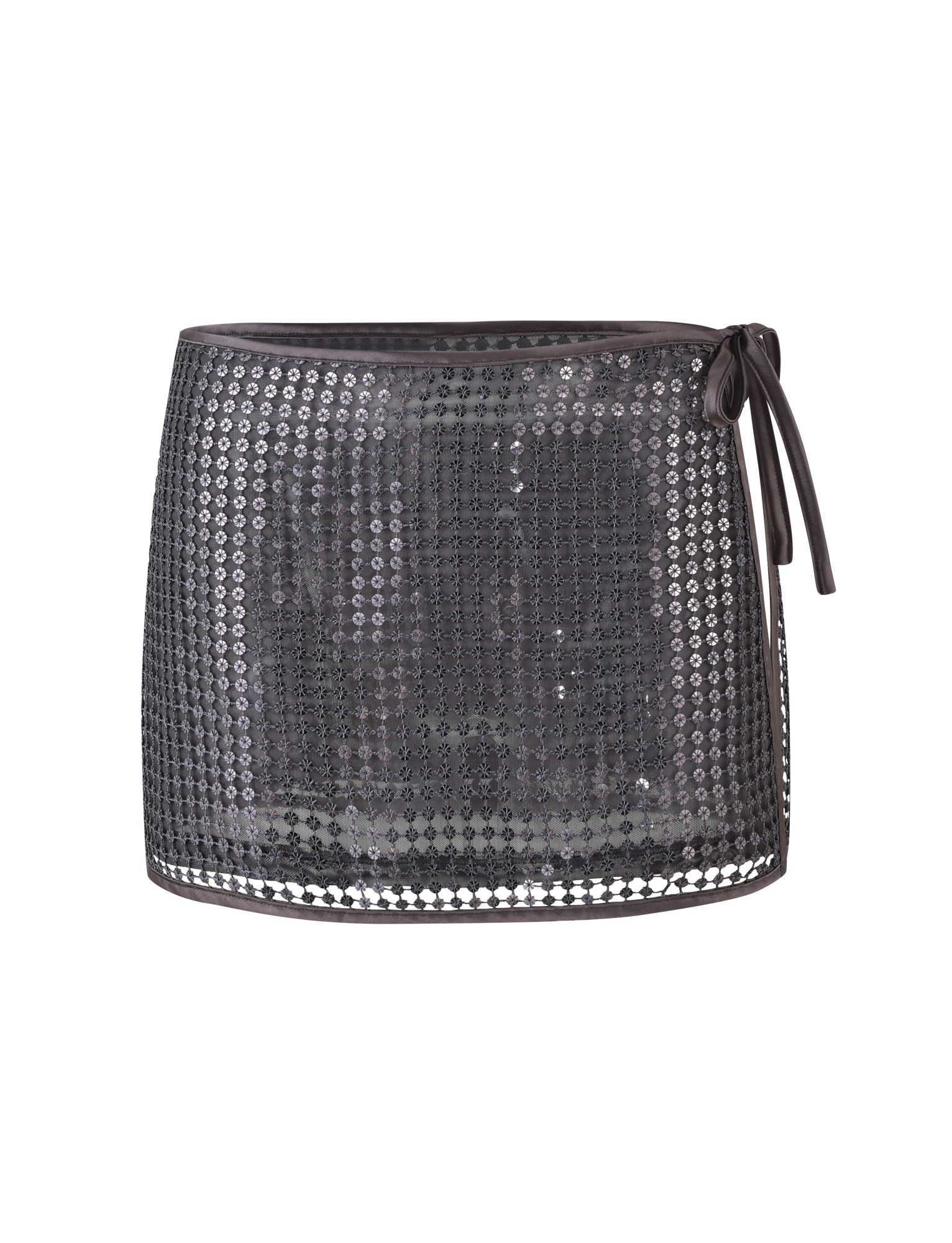 The VERENA MINI SKIRT by TIGERMIST in steel grey features shiny sequin discs, a low-rise waist with a chic side tie, and is crafted from black mesh for a stylish mini look.