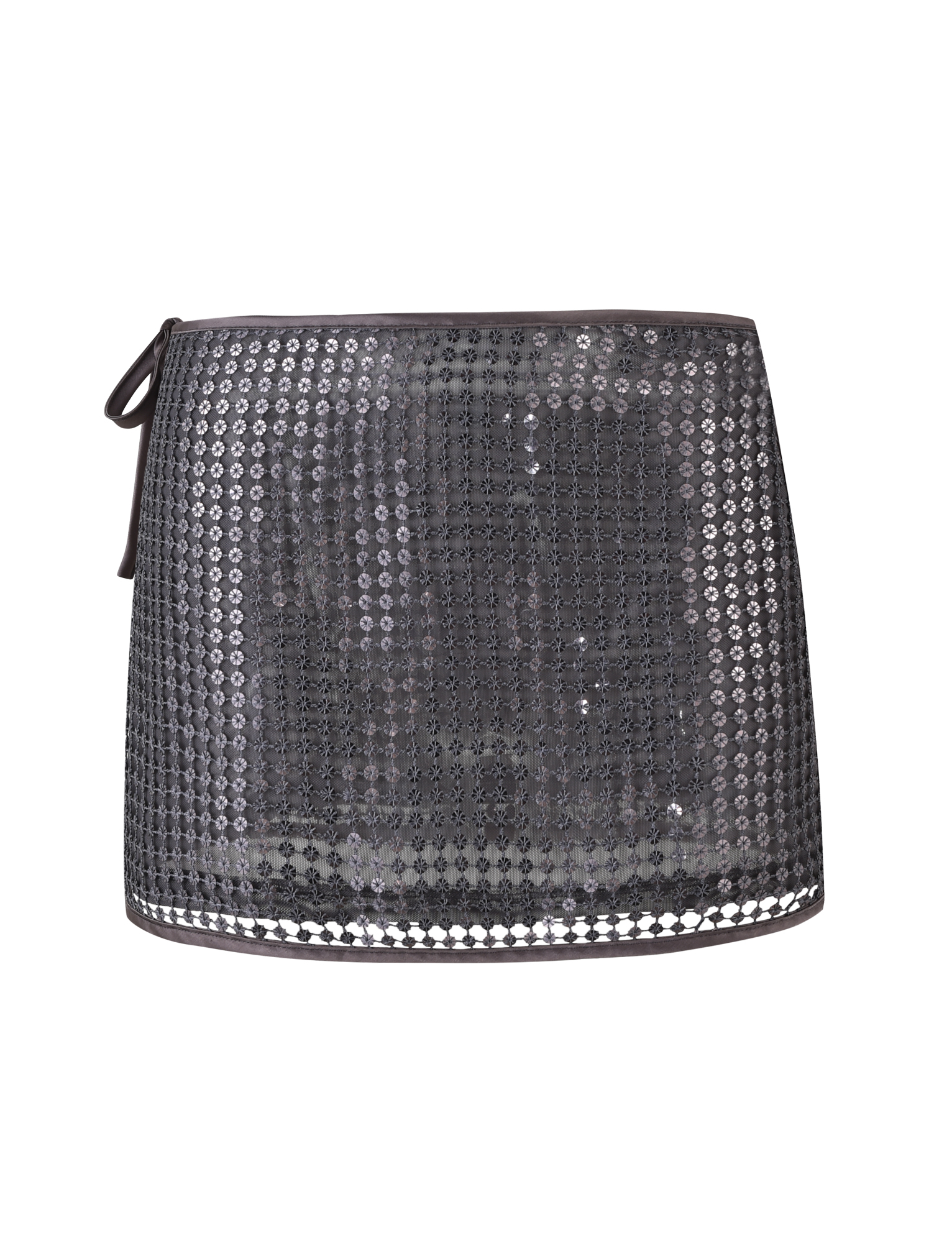The VERENA MINI SKIRT by TIGERMIST features a steel grey sequin mini design with a short black silhouette, side tie detail, sheer accent, and full lining for comfort.
