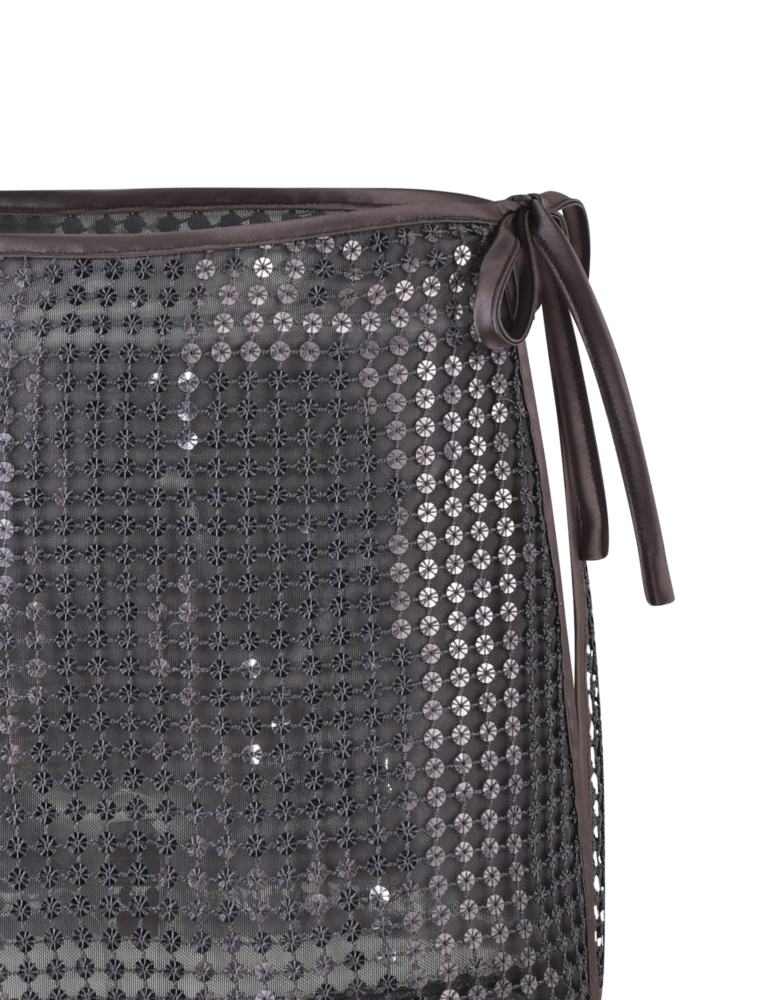 Close-up of the TIGERMIST VERENA MINI SKIRT in steel grey, with shiny circular sequins on black mesh, a low-rise waist, matching tie detail on the right, and full lining for comfort.