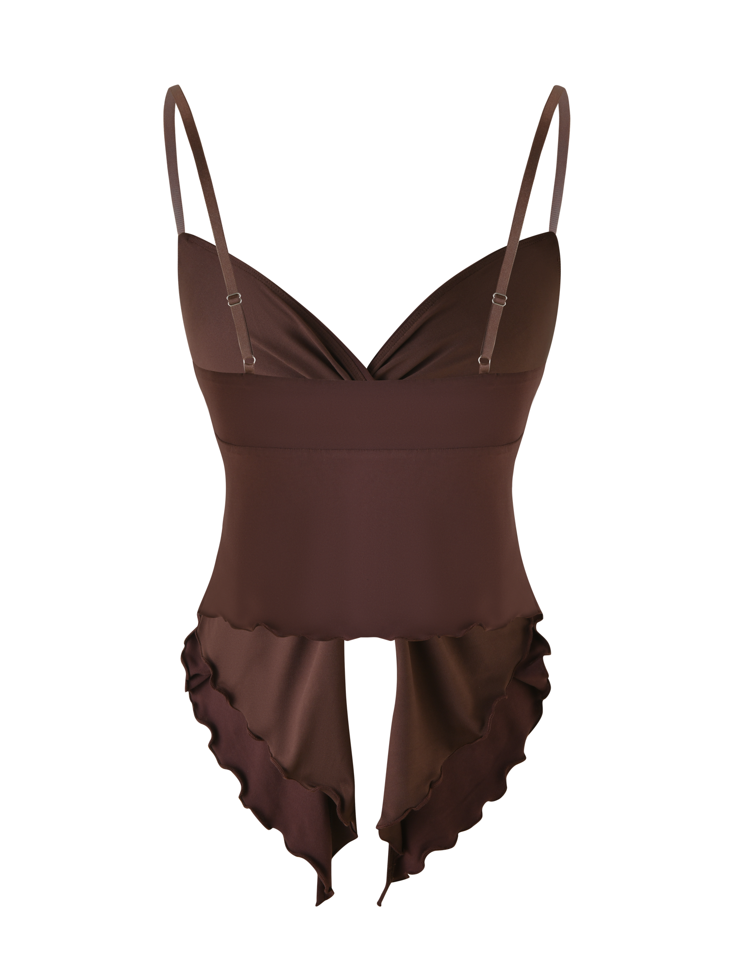 The TIGERMIST JOVIENNE TOP - BROWN : CHOCOLATE is a fitted jersey camisole bodysuit with adjustable straps, ruffled bottom trim, and smooth, stretchy fabric for an elegant, feminine look.