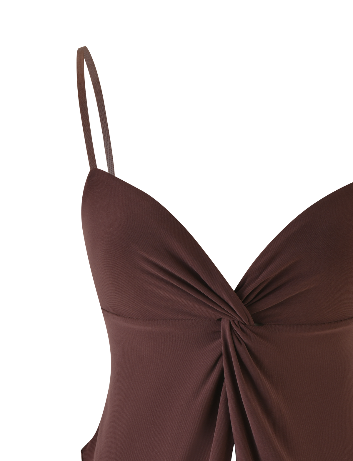 A close-up of the TIGERMIST JOVIENNE TOP in chocolate brown, featuring adjustable shoulder straps and a gathered twist front detail at the center bust.