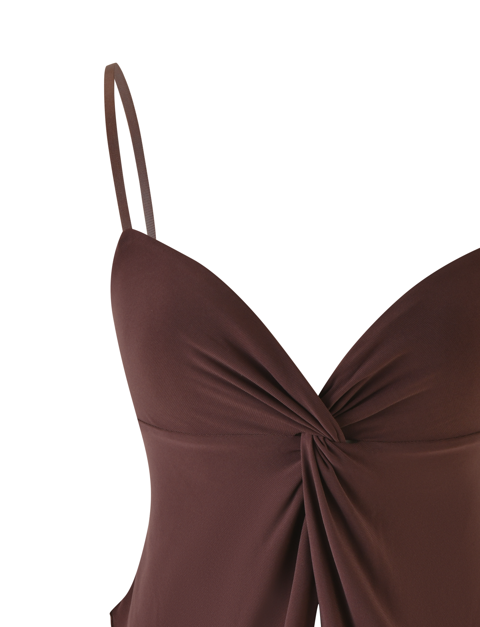 A close-up of the TIGERMIST JOVIENNE TOP in chocolate brown, featuring adjustable shoulder straps and a gathered twist front detail at the center bust.