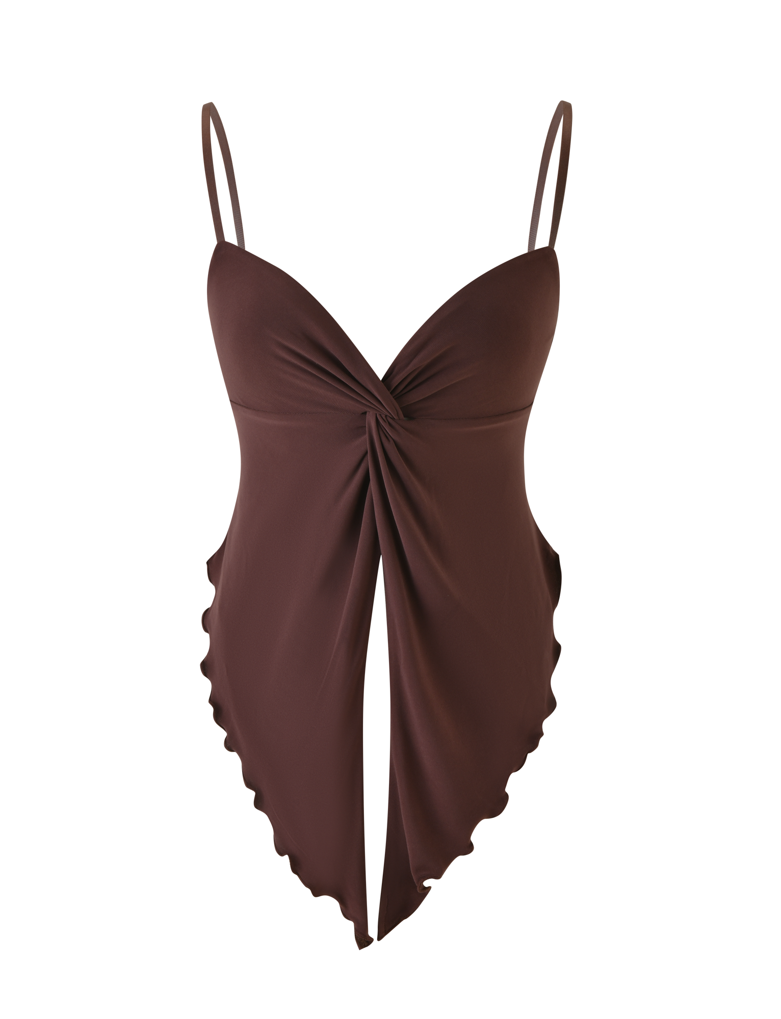 The JOVIENNE TOP - BROWN : CHOCOLATE by TIGERMIST features a twist front, spaghetti straps, and an asymmetric hem in a chic chocolate brown style.