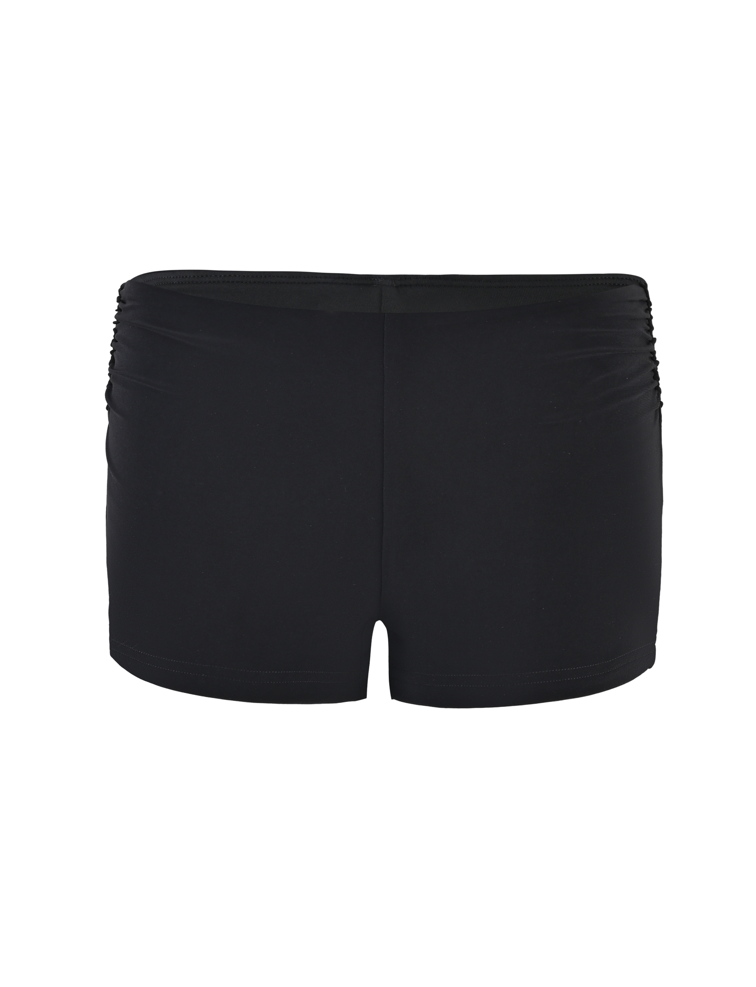 The JOVIENNE SHORT - BLACK by TIGERMIST features a fitted, boyshort style with a mid-rise waist and subtle ruching at the side seams, shown from the back against a white background.