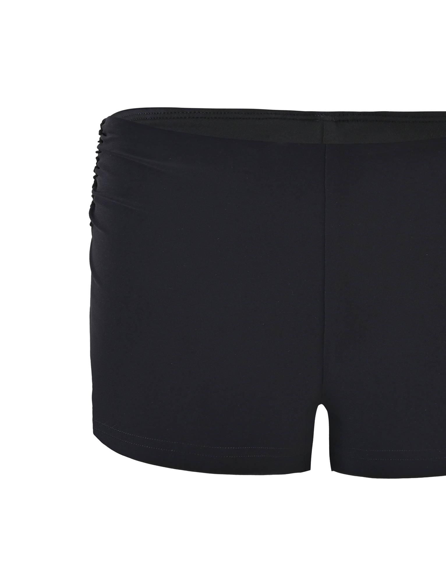 The JOVIENNE SHORT - BLACK by TIGERMIST is a pair of plain black swim trunks with a mid-rise waist and fitted silhouette, featuring subtle ruching on the left side, shown against a white background.