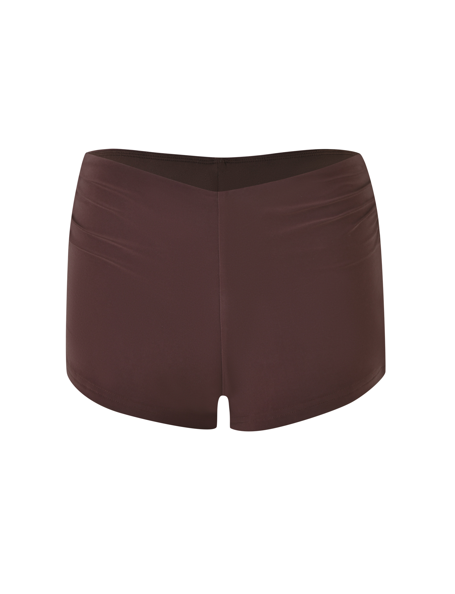 The JOVIENNE SHORT - BROWN: CHOCOLATE by TIGERMIST are high-waisted, fitted women’s swim bottoms in chocolate brown with a seamless finish and subtle ruching, shown against a white background.