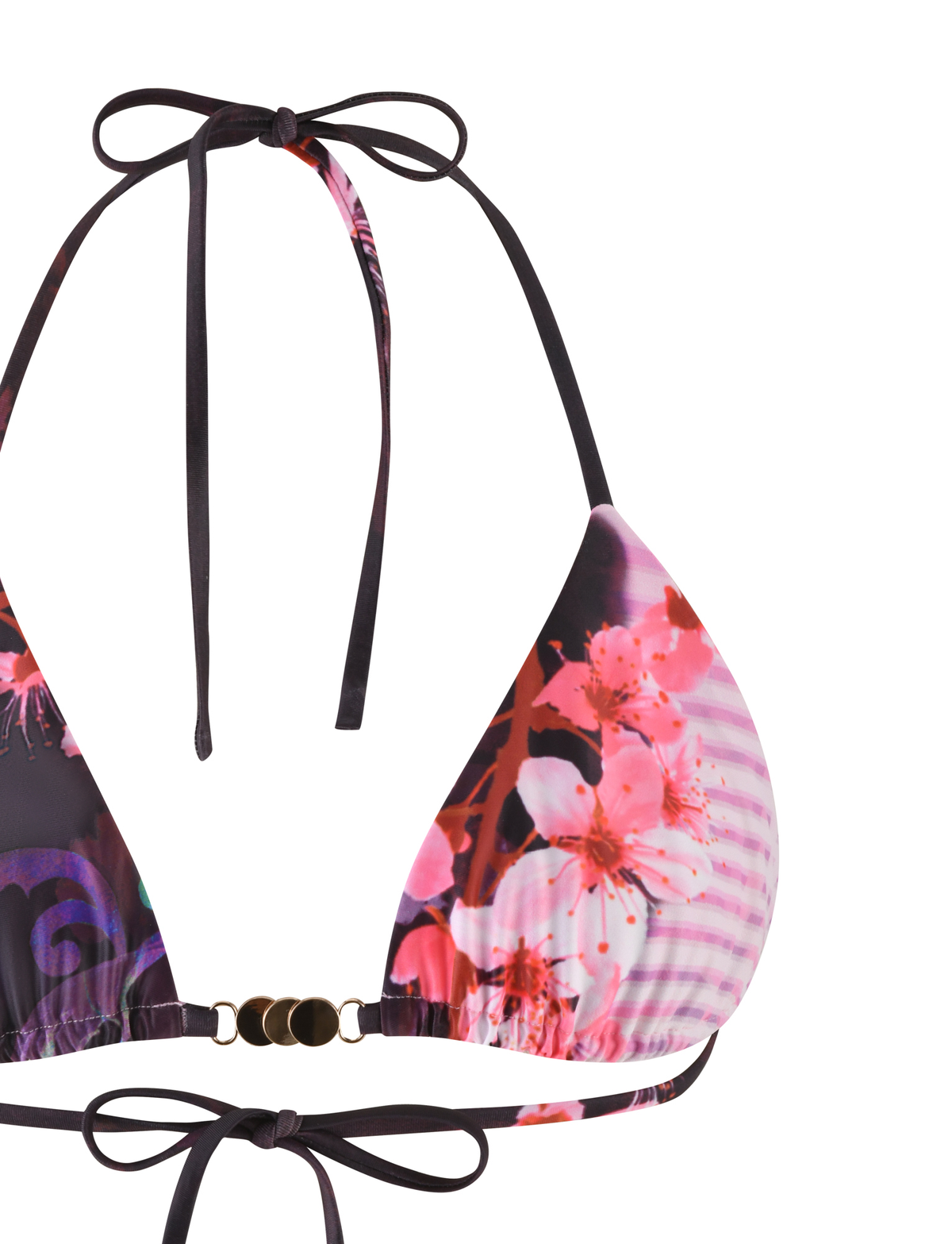 A close-up of the TIGERMIST JOVANNA BIKINI TOP - MULTI with black straps and a pink animal floral border print, exclusive details, and decorative metal rings at the front in slinky elastane.