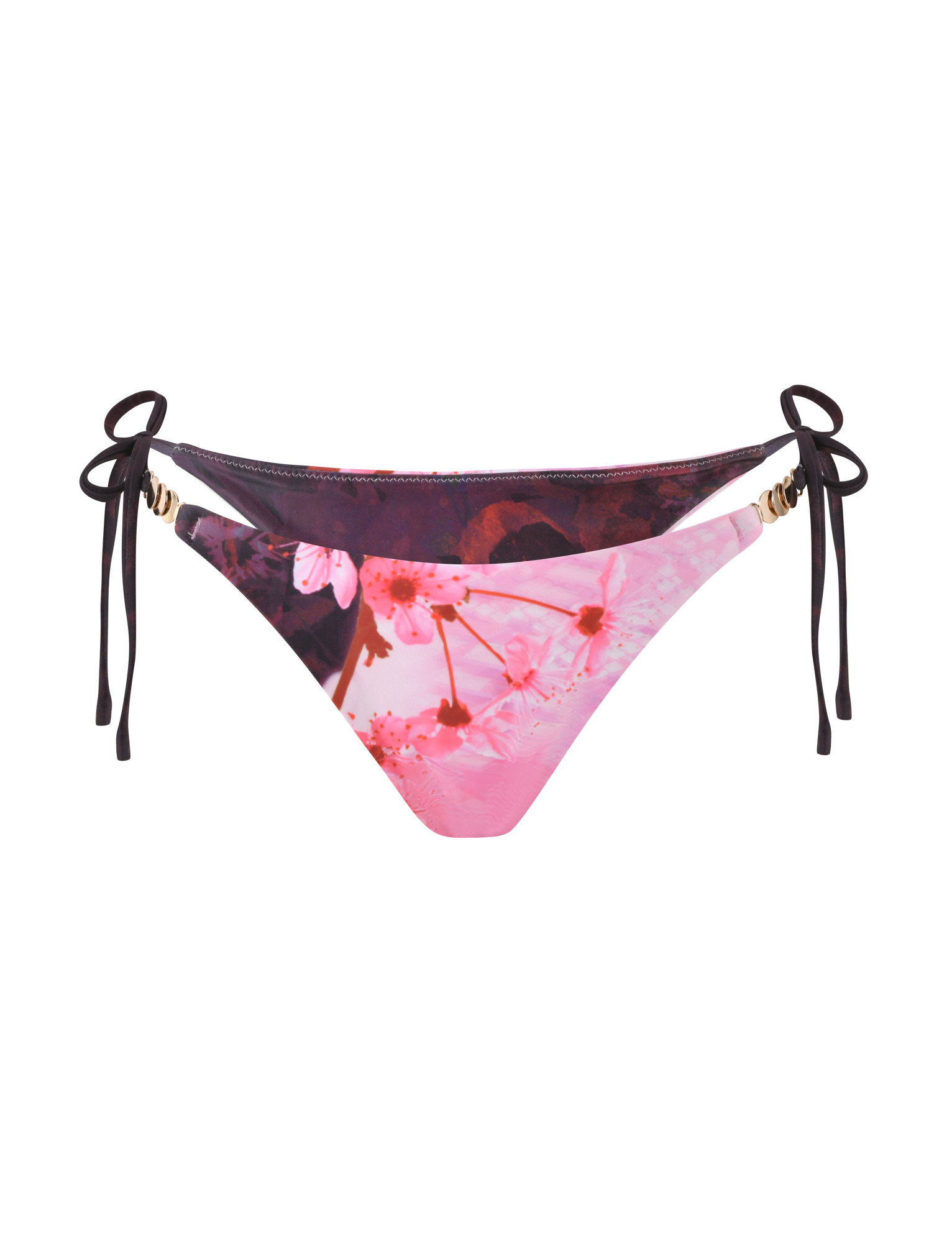 The TIGERMIST JOVANNA BIKINI BOTTOM - MULTI features an animal floral border print with side-tie black strings, gold accents, and a flattering cheeky cut on smooth fabric.