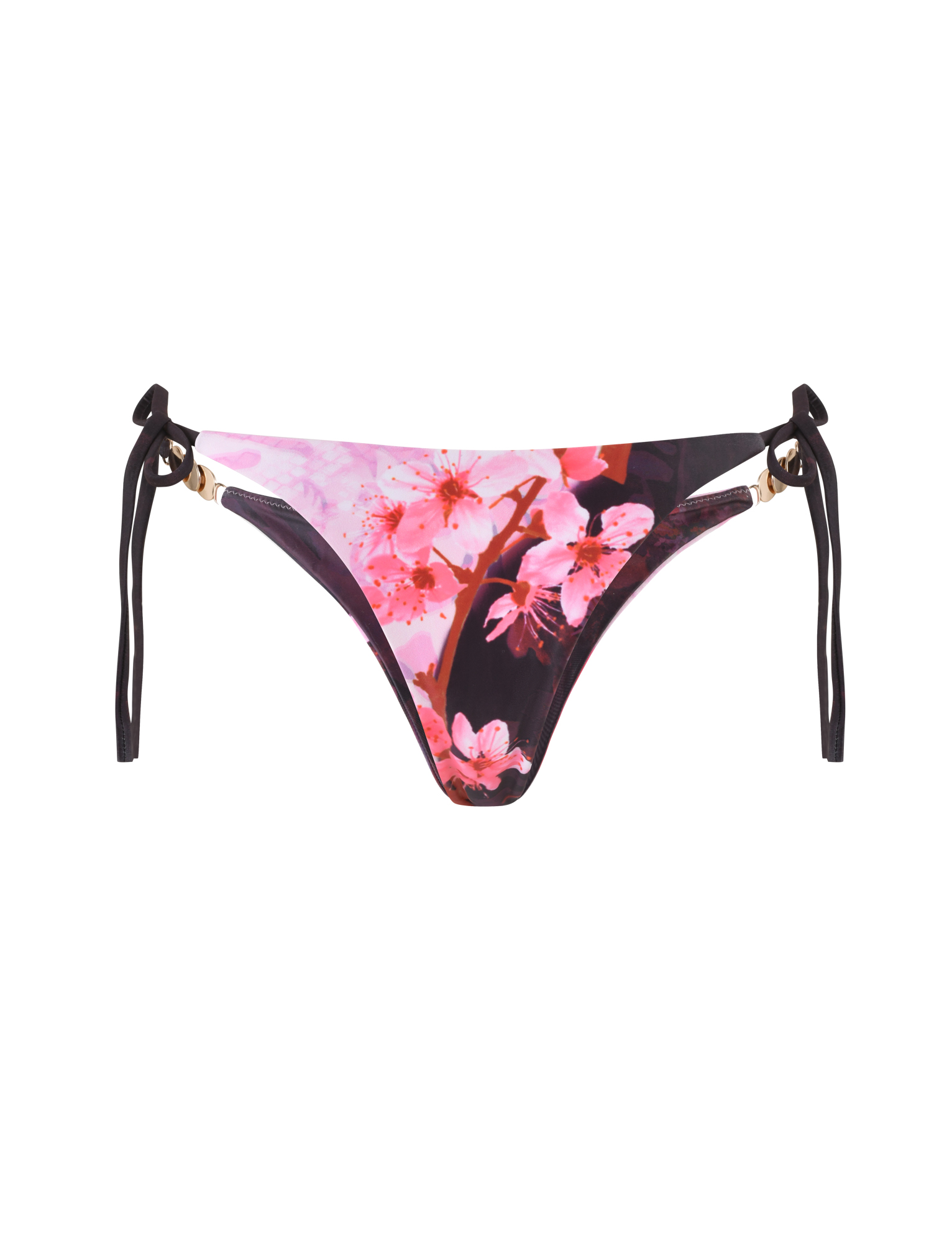 The TIGERMIST JOVANNA BIKINI BOTTOM in Multi Animal Floral Border features black side ties, gold hardware, and a cheeky cut with an exclusive floral print on the front.