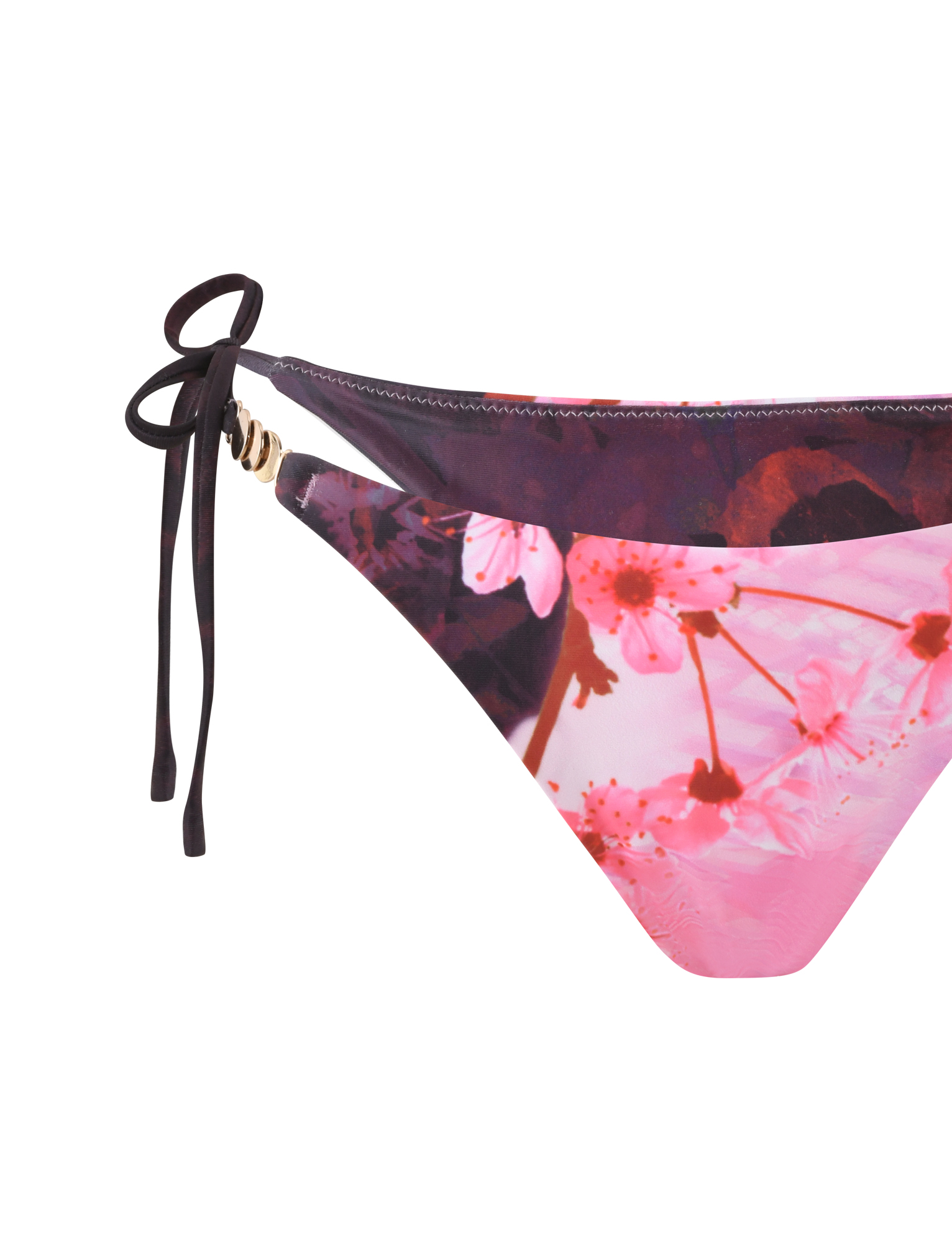 Close-up of TIGERMIST’s JOVANNA BIKINI BOTTOM in Multi Animal Floral Border, featuring a cheeky fit, exclusive pink floral print, side tie, and gold ring detail.