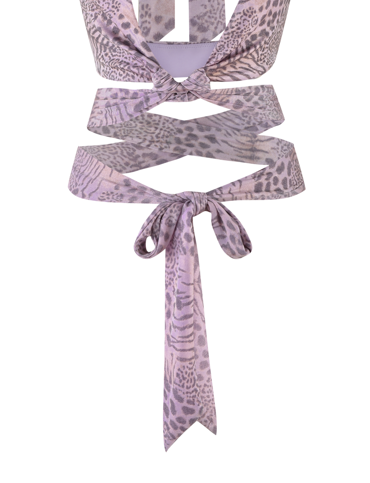 The EVANGELINE TOP by TIGERMIST in Pale Pink Tiger features a light purple and pink tiger print, a back knot, waist cut-outs, and a flattering bodycon fit.