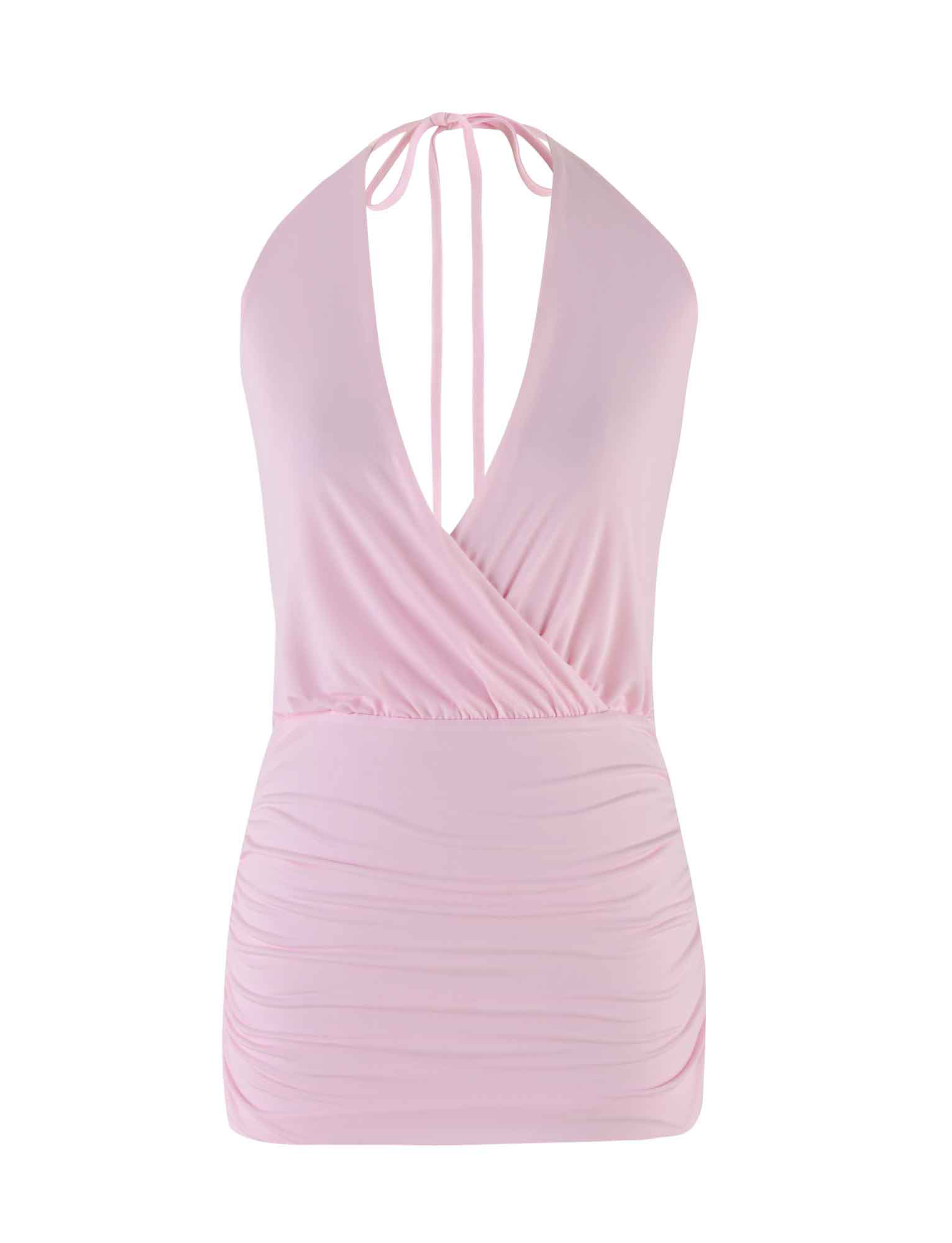 The ANABELLE MINI DRESS by TIGERMIST features a baby pink bodycon fit, halter tie straps, deep V-neckline, wrap front, and ruched sides, shown on a plain white background.