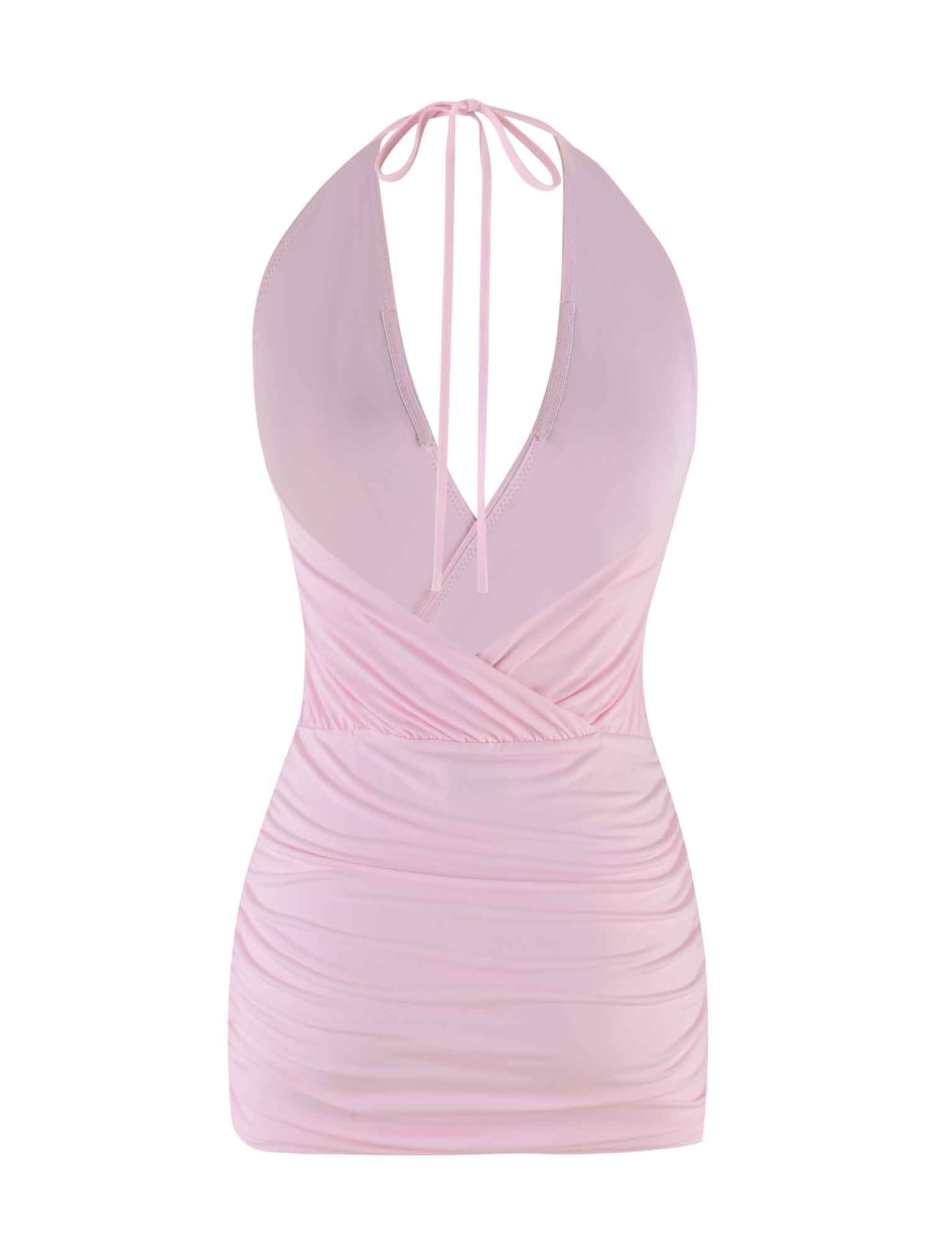 The ANABELLE MINI DRESS in baby pink by TIGERMIST features a halter neck, deep V neckline, ruched sides, and wrap-style front with an open back and thin neck-tie straps, displayed on a plain white background.