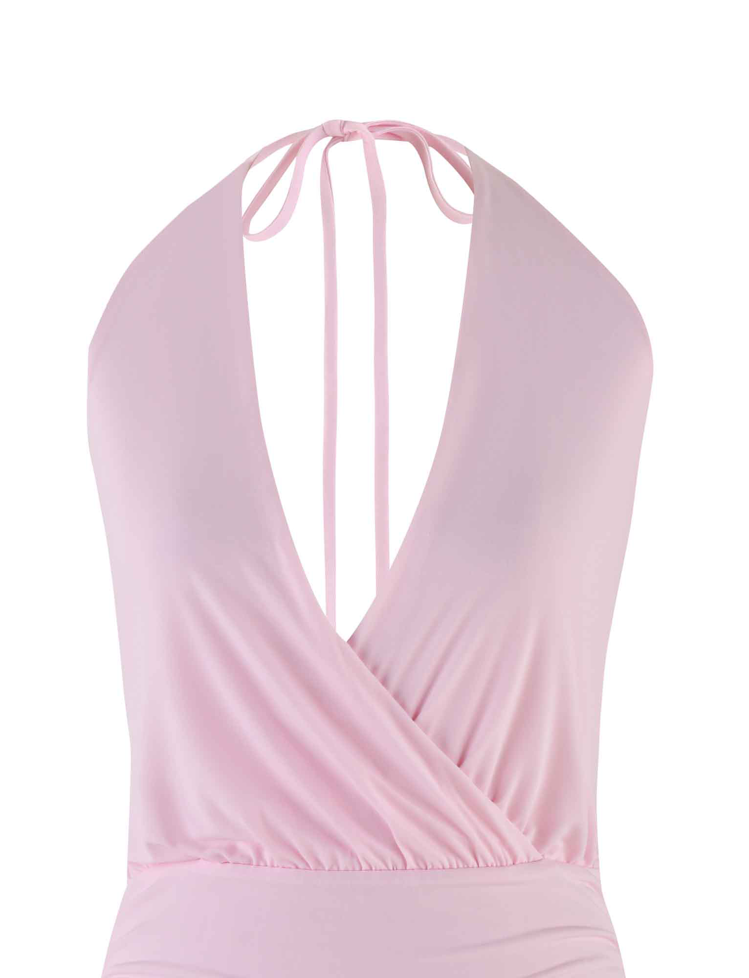 The TIGERMIST ANABELLE MINI DRESS in baby pink features a halter neckline, plunging wrap-style V-neck, open back, and thin straps that tie at the neck for a chic, bodycon-inspired look.