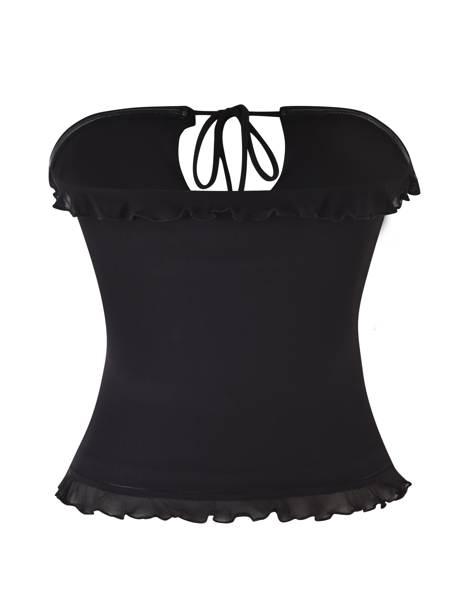 The TIGERMIST SIERA TOP - BLACK is a strapless mesh top with ruffled trim at the top and bottom edges, plus a small tie at the back neckline.