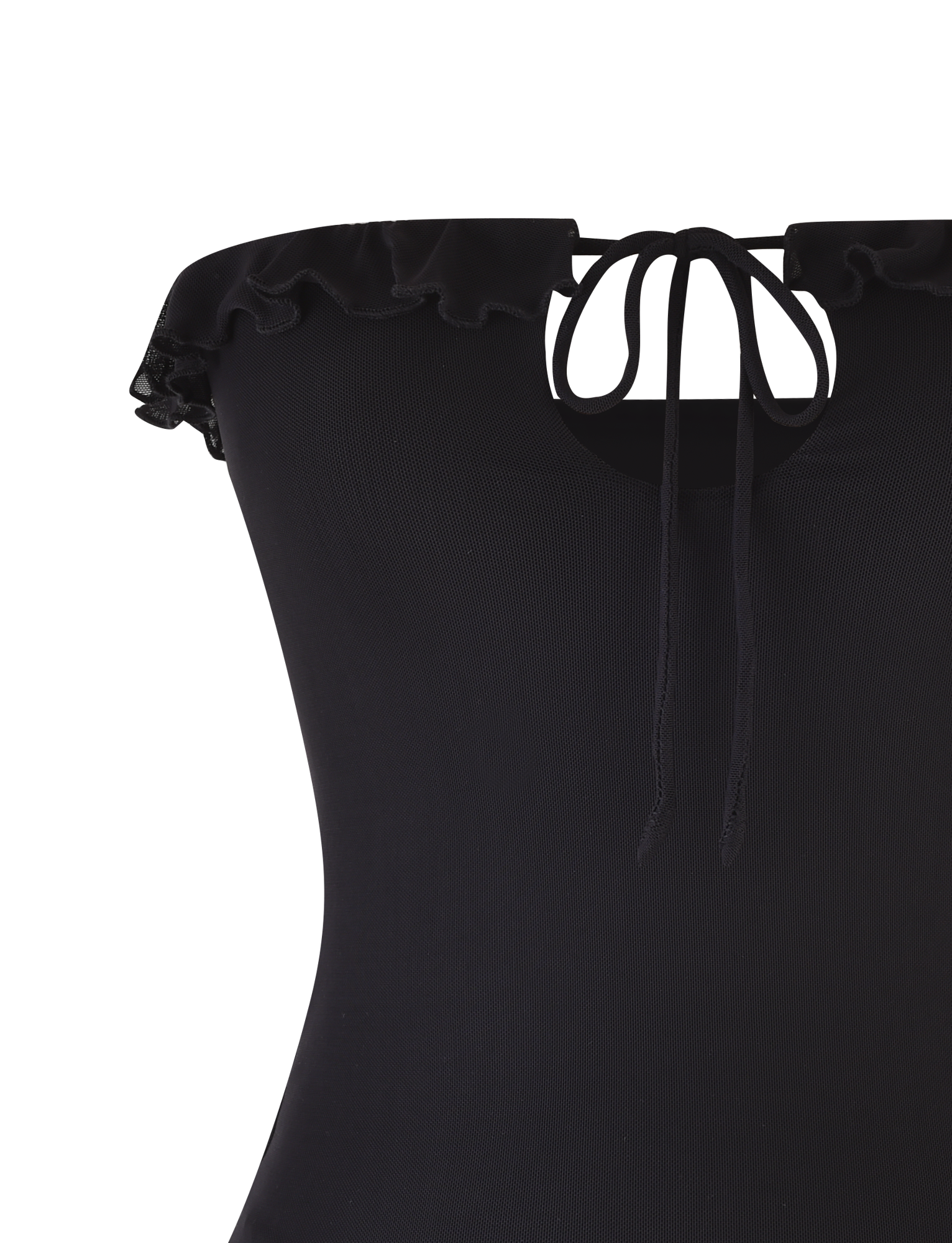 Close-up of the TIGERMIST SIERA TOP in black, a sleeveless style with a ruffled neckline and center-front tied bow. The bodycon fit and soft fabric create a sleek, flattering look.