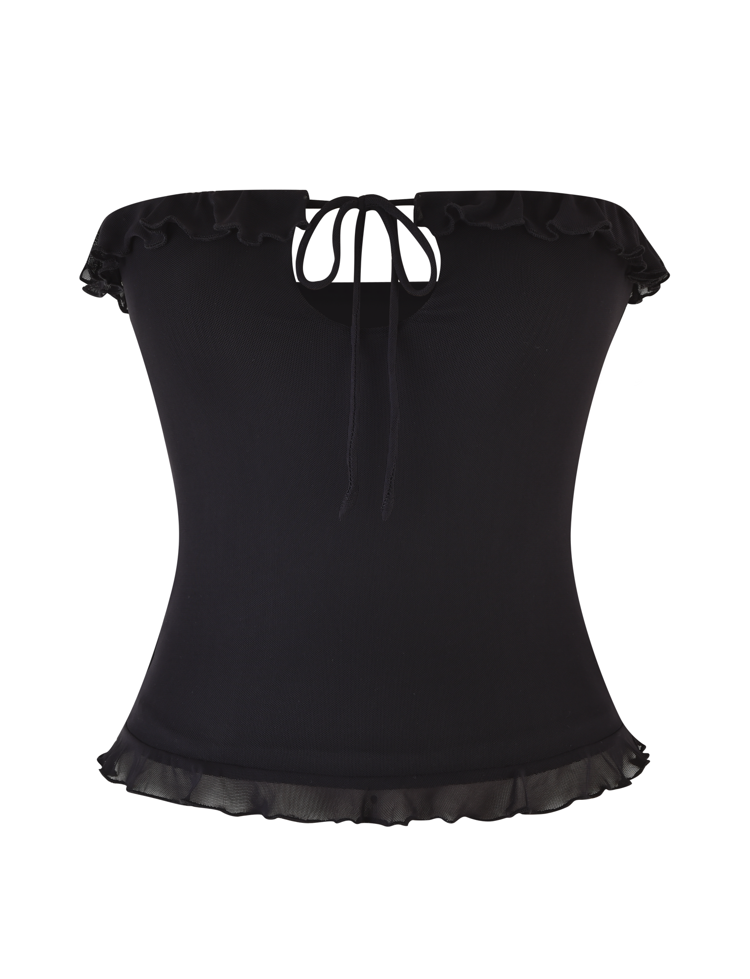 The SIERA TOP - BLACK by TIGERMIST features an off-the-shoulder, sleeveless mesh design with ruffled neckline and hem, and a front center tie detail.