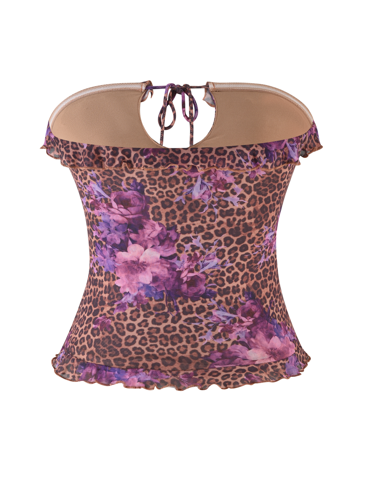 The SIERA TOP - LEOPARD FLORAL by TIGERMIST is a sleeveless, strapless top with brown leopard and purple floral prints, a tie-back halter neckline, and ruffled hem.