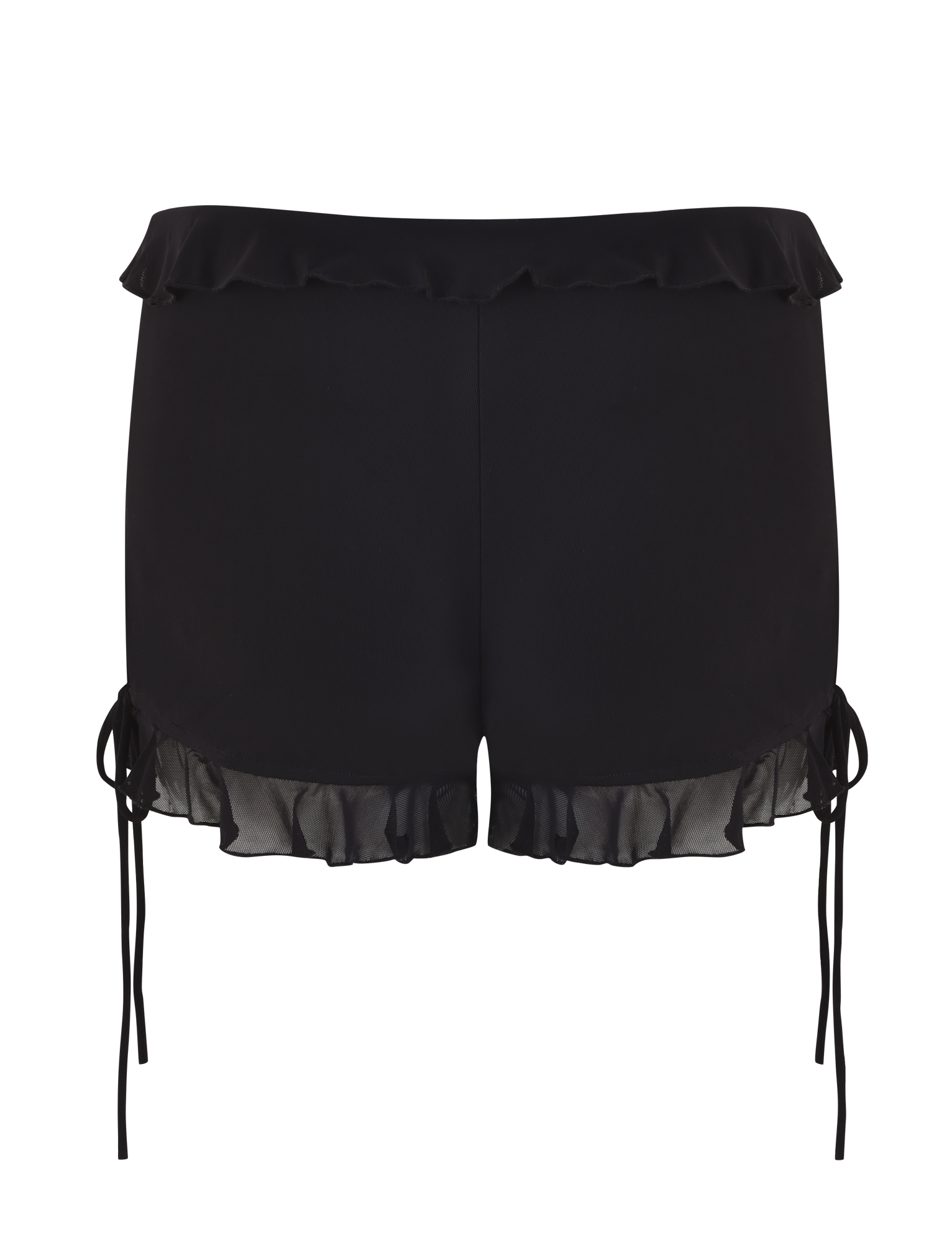 The SIERA SHORT - BLACK by TIGERMIST features a ruffled waistband, ruffle hem, side drawstrings, and a bodycon fit for a sleek look. Shown against a plain background.
