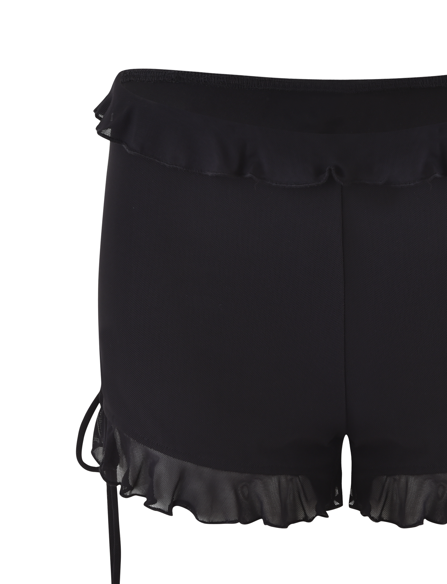 The SIERA SHORT - BLACK by TIGERMIST features a high-waisted, bodycon fit with a ruffled waistband and hem, sleek satin-like edge detailing, and a chic silhouette.