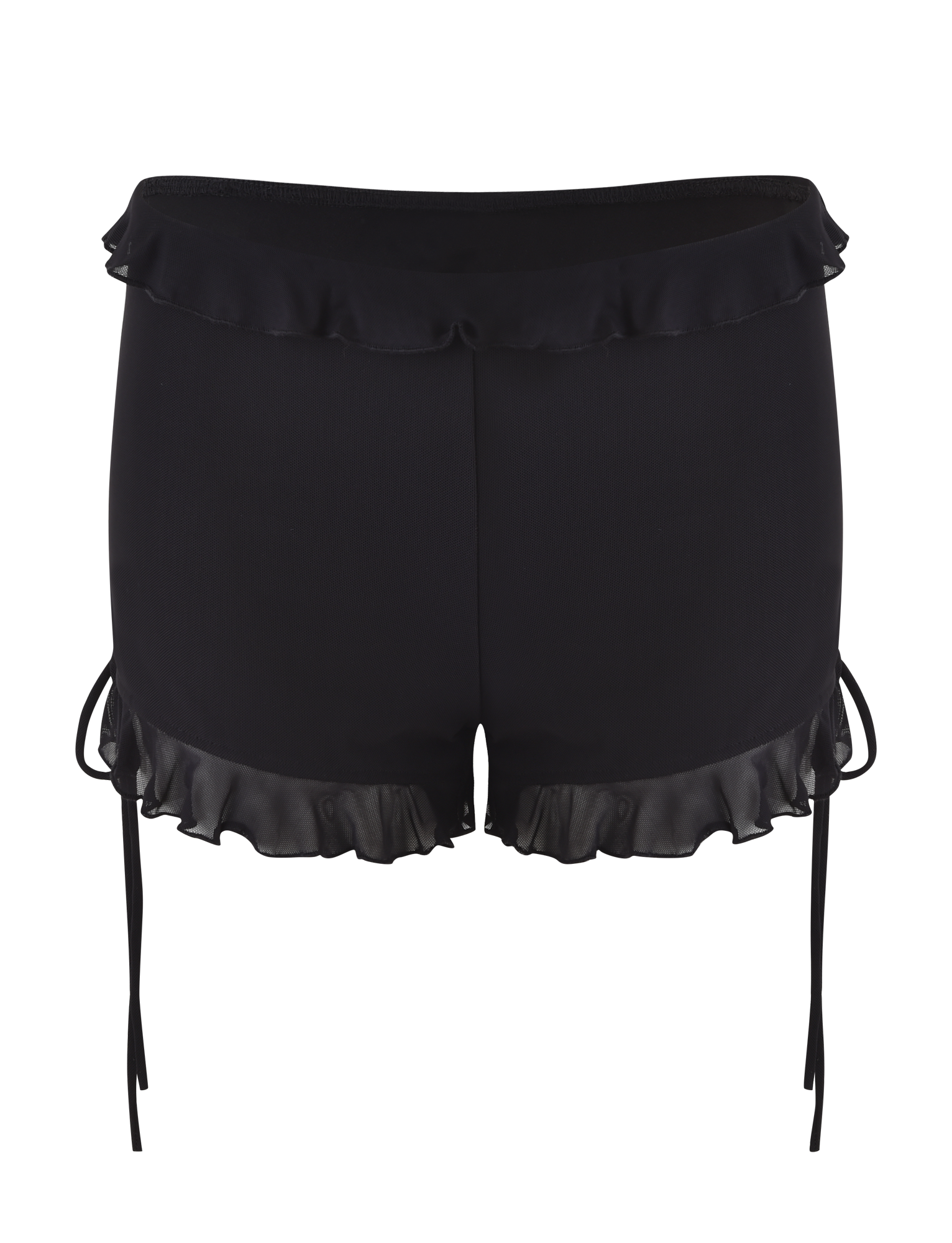 The TIGERMIST SIERA SHORT - BLACK features a high-waisted, bodycon fit with ruffled trim at the waistband and leg openings, small side ties, and a satin-like sheen.