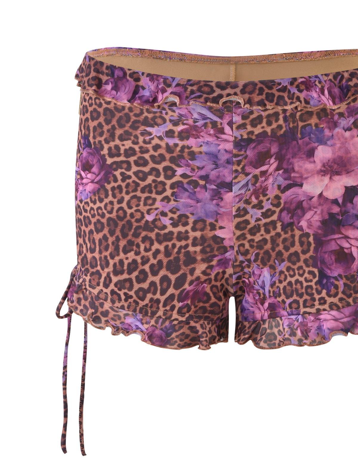 The SIERA SHORT - LEOPARD FLORAL by TIGERMIST features a brown leopard and purple floral print, ruffled edges, and adjustable side ties.
