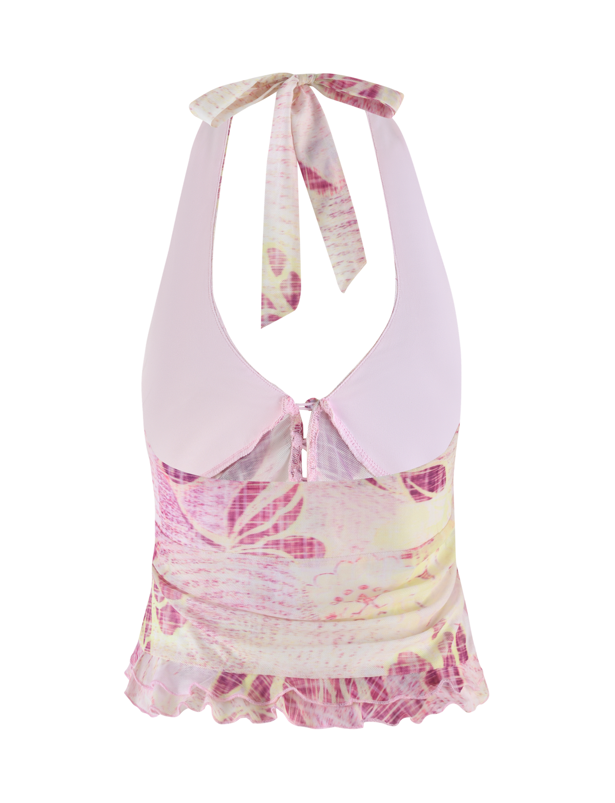 The TIGERMIST DALILA TOP in Grunge Floral Magenta is a sleeveless halter top with a deep neckline, wide collar, sheer pink and yellow floral print, neck tie, high-stretch fabric, and a ruffled hem.