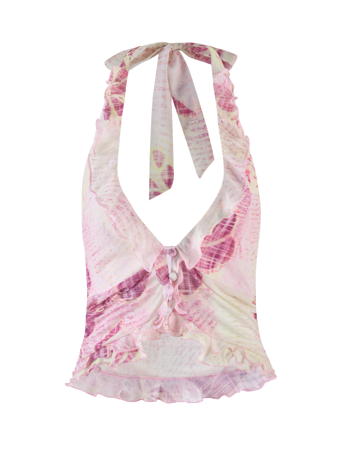 The DALILA TOP by TIGERMIST is a sleeveless halter-neck mesh top in Grunge Floral Magenta, featuring a plunging neckline, ruffled trim, ruched front with decorative drawstring, and high-stretch fabric for comfort.
