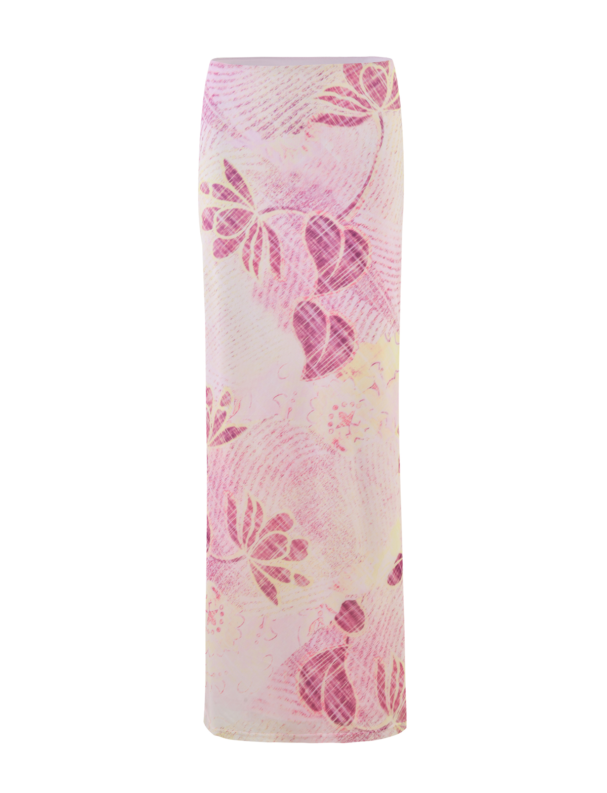 The DALILA MIDI SKIRT by TIGERMIST features a fitted silhouette and grunge floral magenta print on a light background.