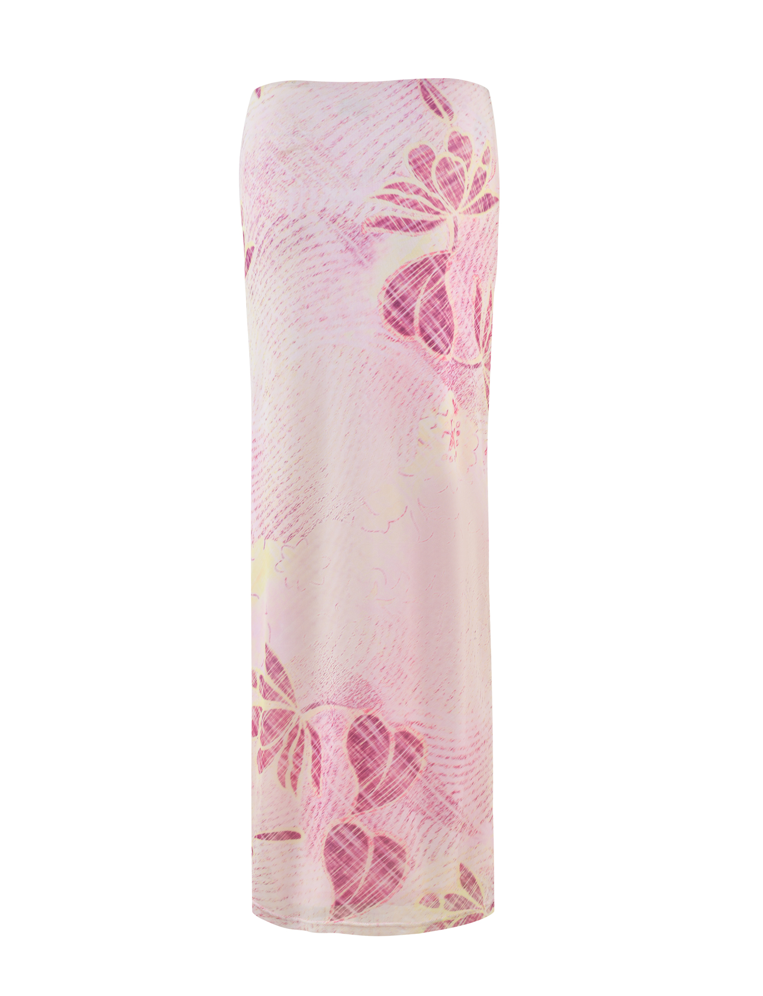 The DALILA MIDI SKIRT - GRUNGE FLORAL MAGENTA by TIGERMIST features a fitted silhouette in soft, flowy fabric with a pink and white grunge floral print and subtle leaf motifs.