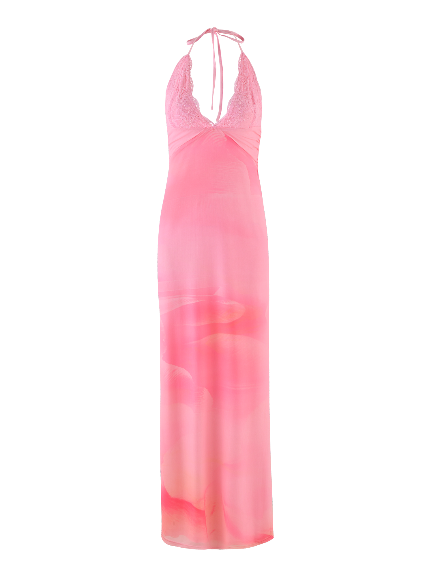 The DENAE MAXI DRESS by TIGERMIST is a pink, sleeveless halter maxi with a deep V neckline and floral blossom print.