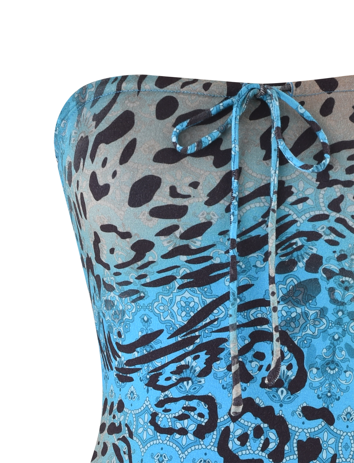 Close-up of the TIGERMIST MIRELY TOP in multi leopard swirl print, crafted from buttery jersey, strapless with an exclusive blue and gray animal and paisley design, finished with a bow tie detail at the top center.