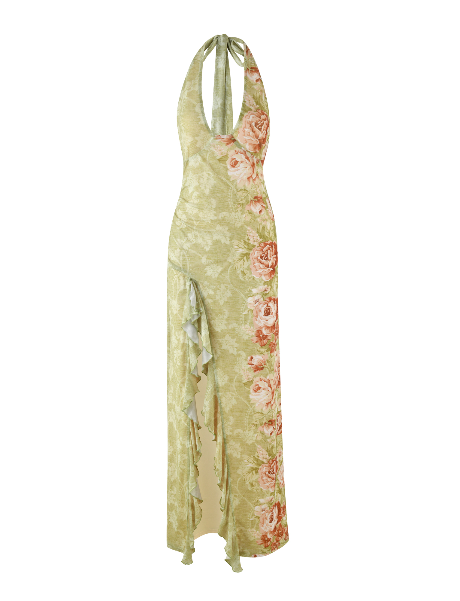 The SIRENA MAXI DRESS by TIGERMIST features a sleeveless floral design with rose stripes in yellow, a halter neck, deep neckline, ruffled details, and a high split for added allure.