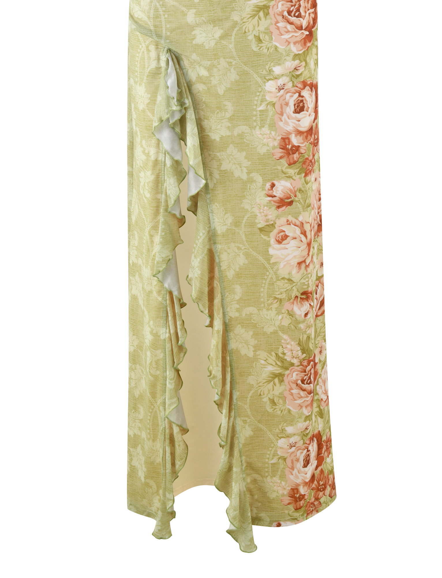The SIRENA MAXI DRESS - YELLOW : FLORAL : ROSE STRIPE by TIGERMIST features a floral print with rose stripes and a ruffled high split, offering a breezy, romantic style.
