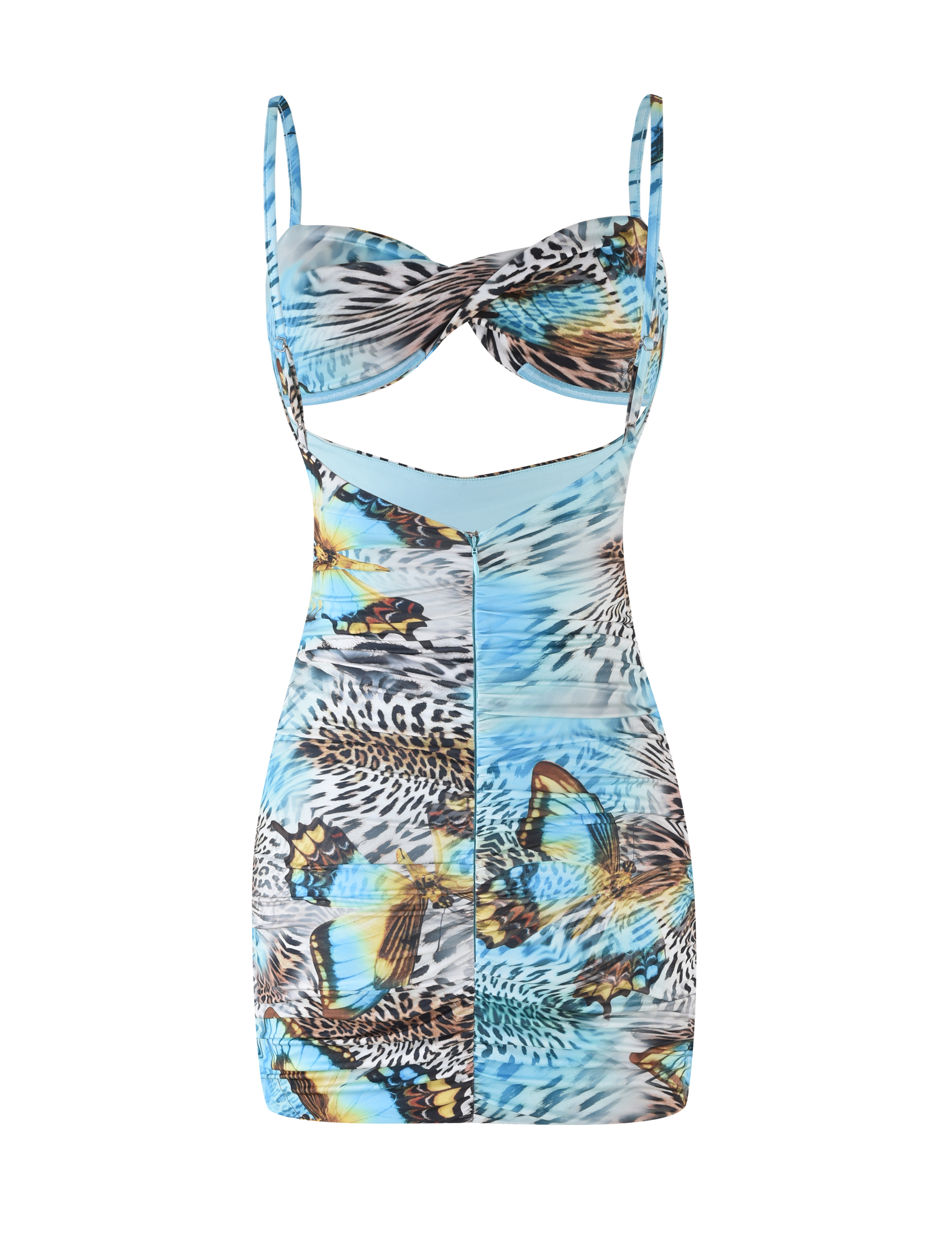 The VERA MINI DRESS by TIGERMIST is a sleeveless, bodycon mini with thin straps, a twist-front bust, cutout below the bust, and features blue and white animal prints with a bold butterfly motif.