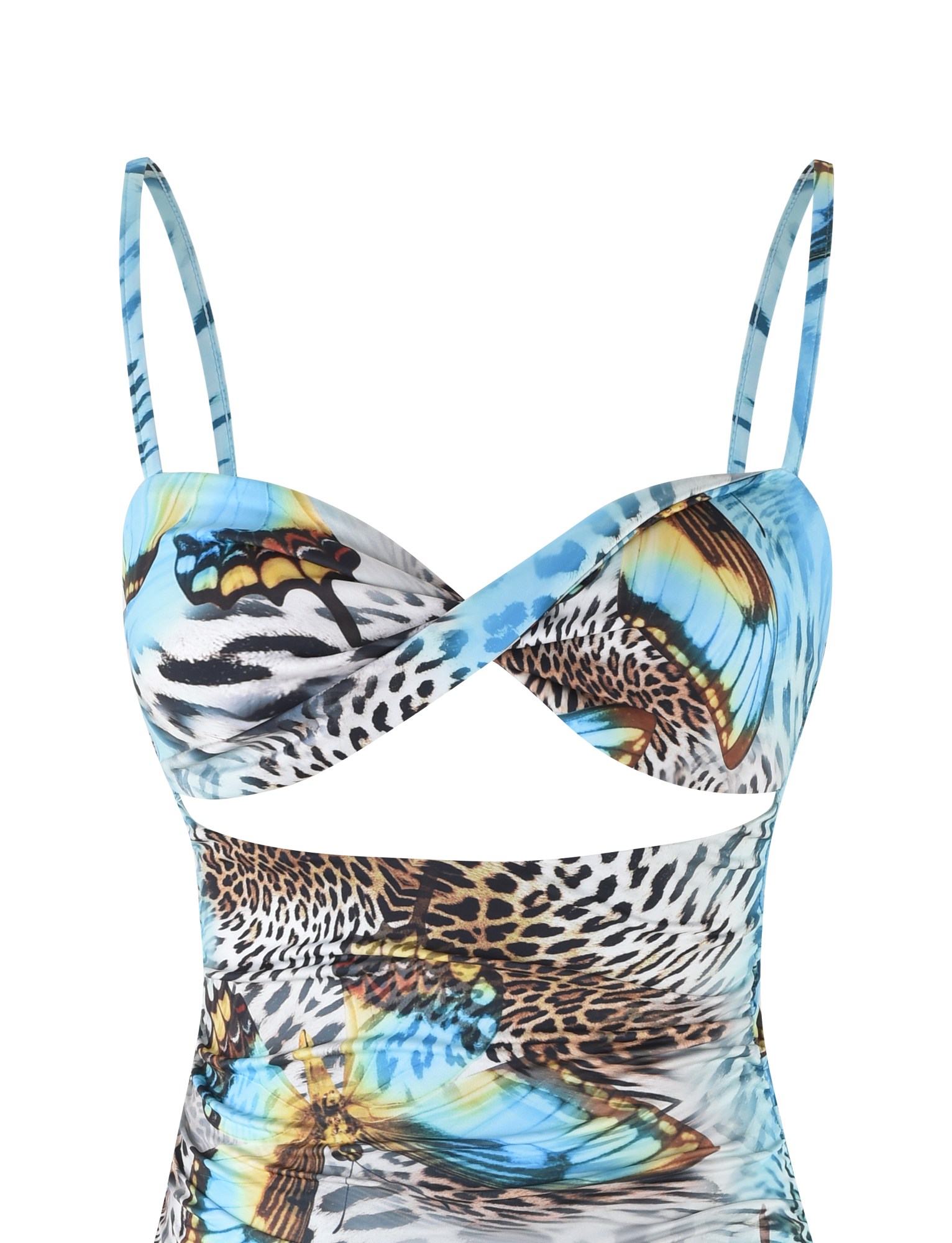 A close-up of the TIGERMIST VERA Mini Dress in Multi, showcasing thin straps and a blue butterfly animal print with blue, yellow, black, and brown tones.