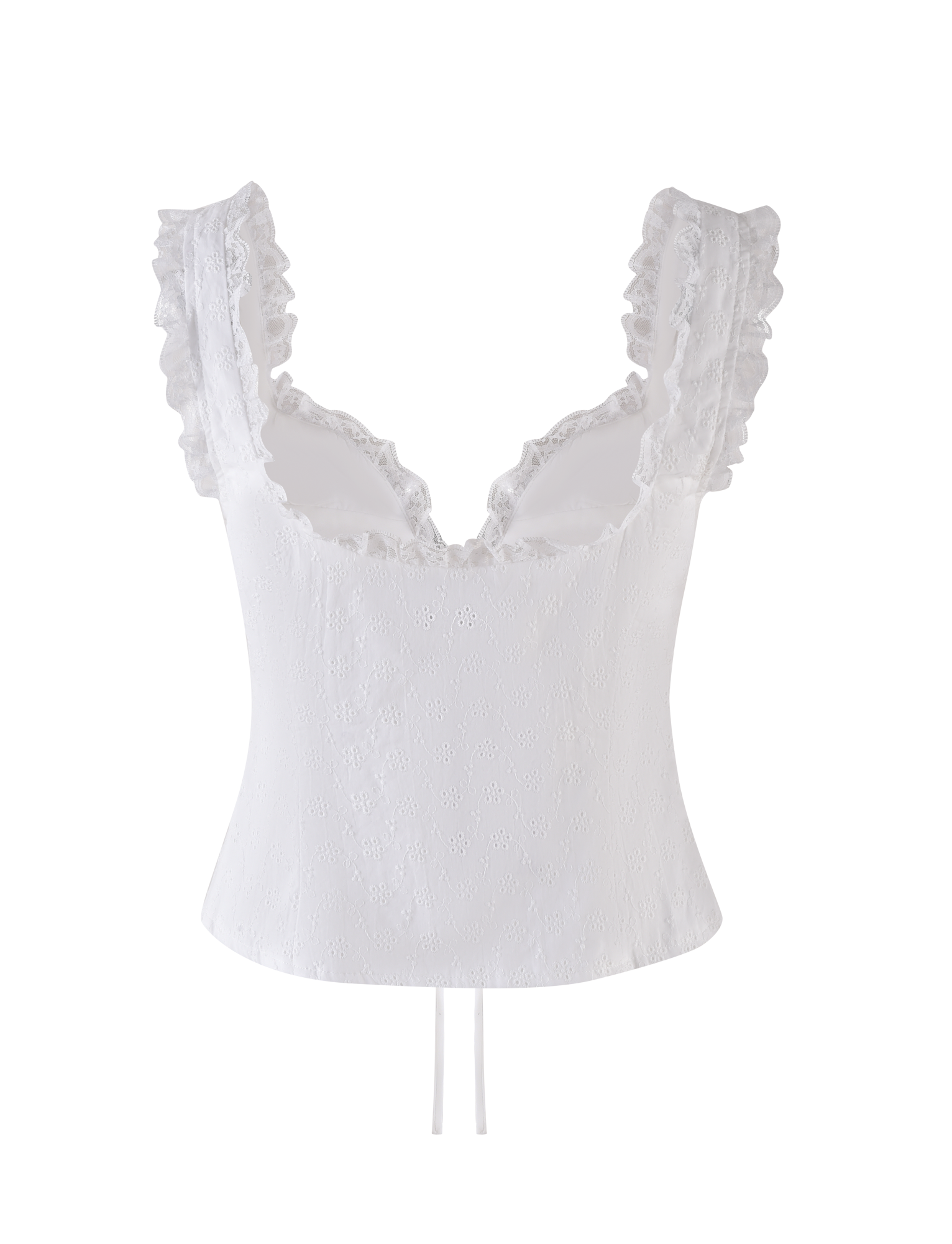 The KYANA TOP - WHITE by TIGERMIST is a sleeveless broderie crop camisole featuring a fitted silhouette, sweetheart bust, ruffled lace-trimmed straps, and a subtle textured pattern, shown against a plain background.