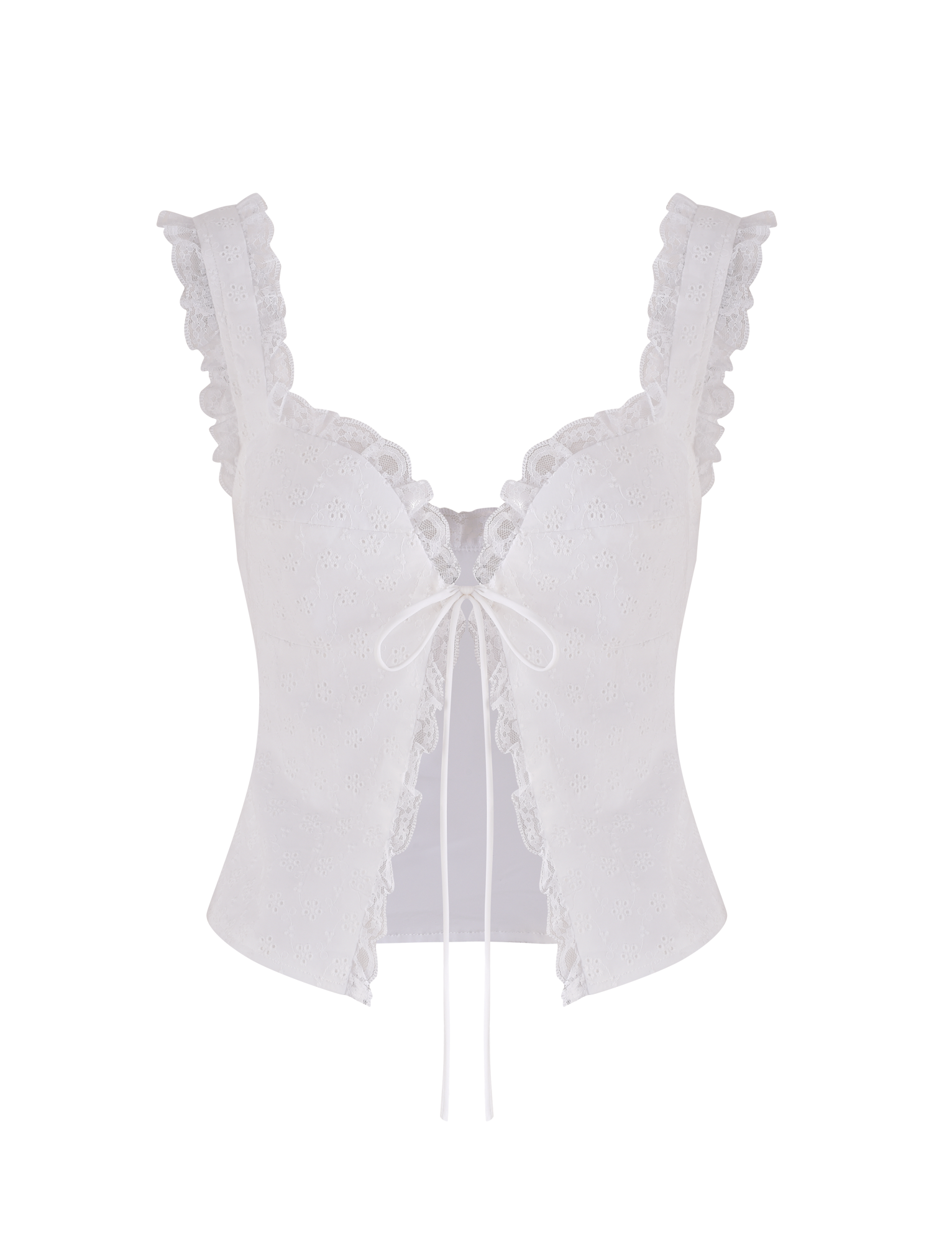 The KYANA TOP - WHITE by TIGERMIST is a white broderie crop top featuring ruffled straps, lace trim, eyelet fabric, a front tie closure, sweetheart neckline, and fitted silhouette for a chic look.