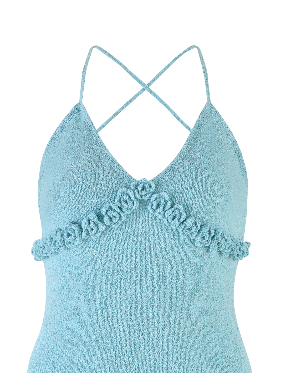The TIGERMIST LAVELLE MINI DRESS - BLUE features a light blue textured knit, crisscross halter neckline with adjustable straps, crocheted floral detail under the bust, and a soft bodycon fit.