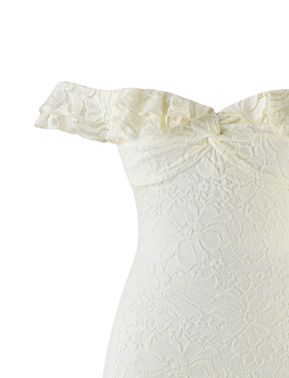 Close-up of the TIGERMIST DENALI LACE MINI DRESS in cream lace, featuring stretch lace fabric, delicate floral patterns, an off-shoulder design, and a ruffled neckline.