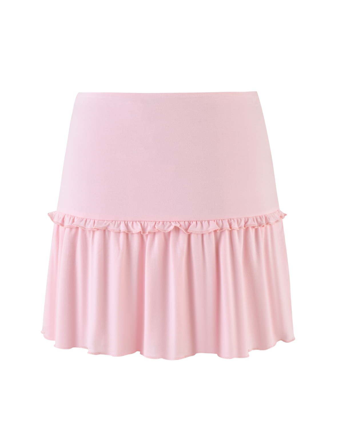 The TIGERMIST KATYA MINI SKIRT in pale pink features a fitted waist, ruffled trim, and flared hem. Crafted from buttery-soft jersey fabric, it offers a lightweight, feminine look.