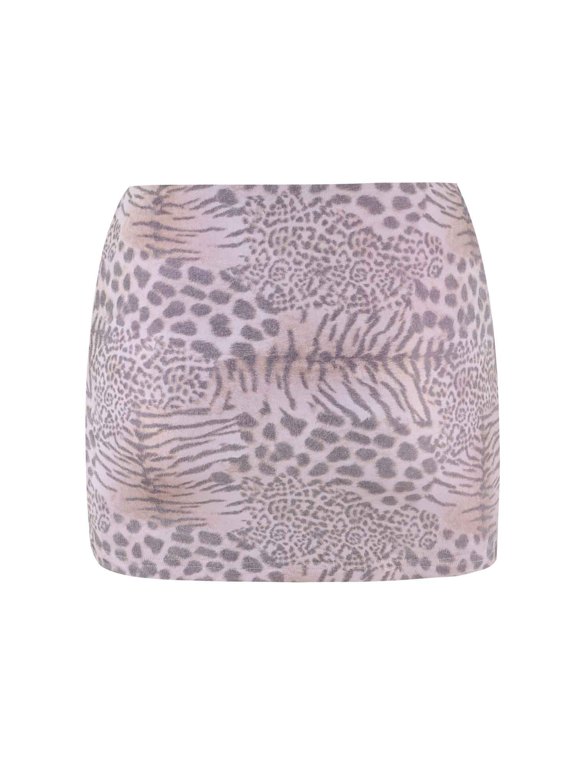 The EVANGELINE SKIRT - PINK : TIGER : PALE PINK TIGER by TIGERMIST is a fitted mini skirt with a mauve and beige animal print, accented by pink tiger stripes and spots. Bodycon fit creates a bold, stylish silhouette—shown against a white background.