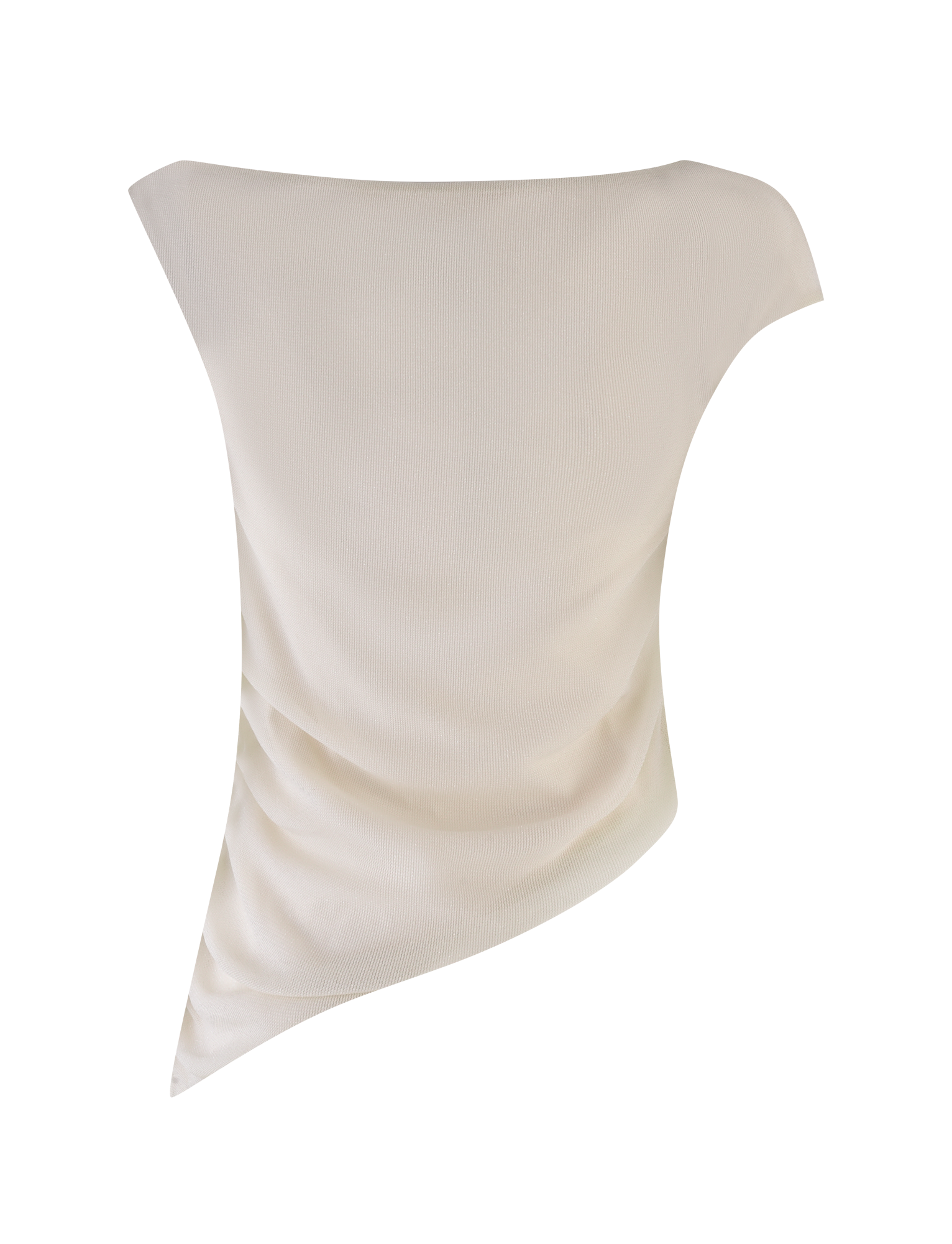 The TIGERMIST COBI TANK - WHITE : CREAM is a sheer shimmer jersey asymmetrical top with one short sleeve and draped, waist-gathered fabric, shown on an invisible mannequin against a plain background.
