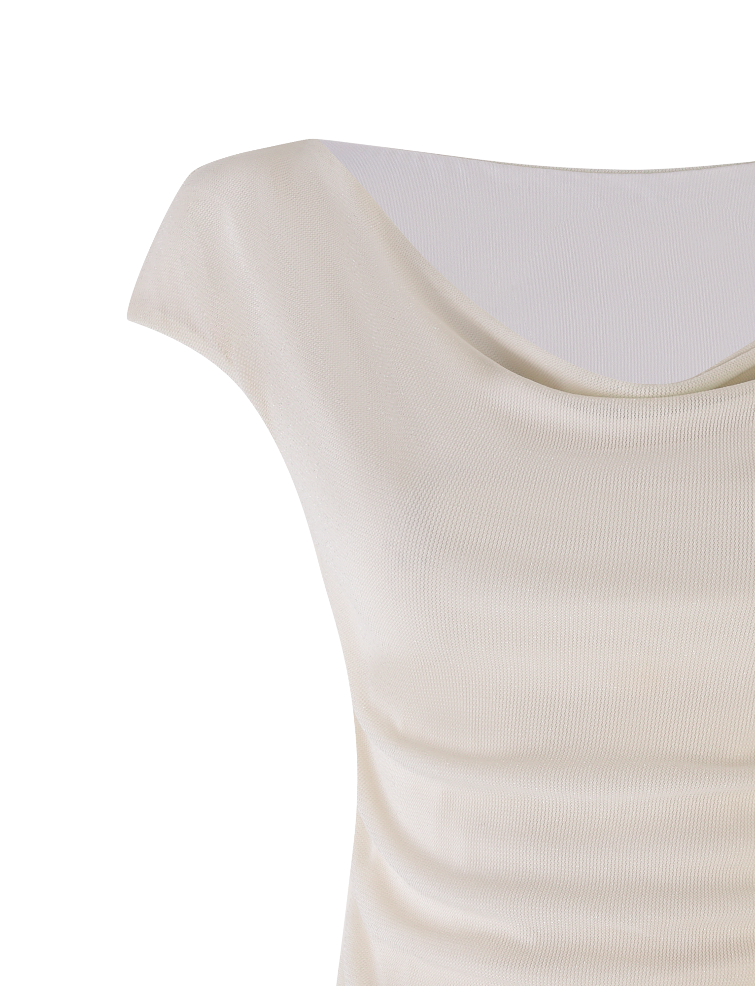 The TIGERMIST COBI TANK - WHITE : CREAM is a sleeveless, off-white ribbed top with a draped cowl neckline, crafted from shimmer jersey and shown on a plain white background.