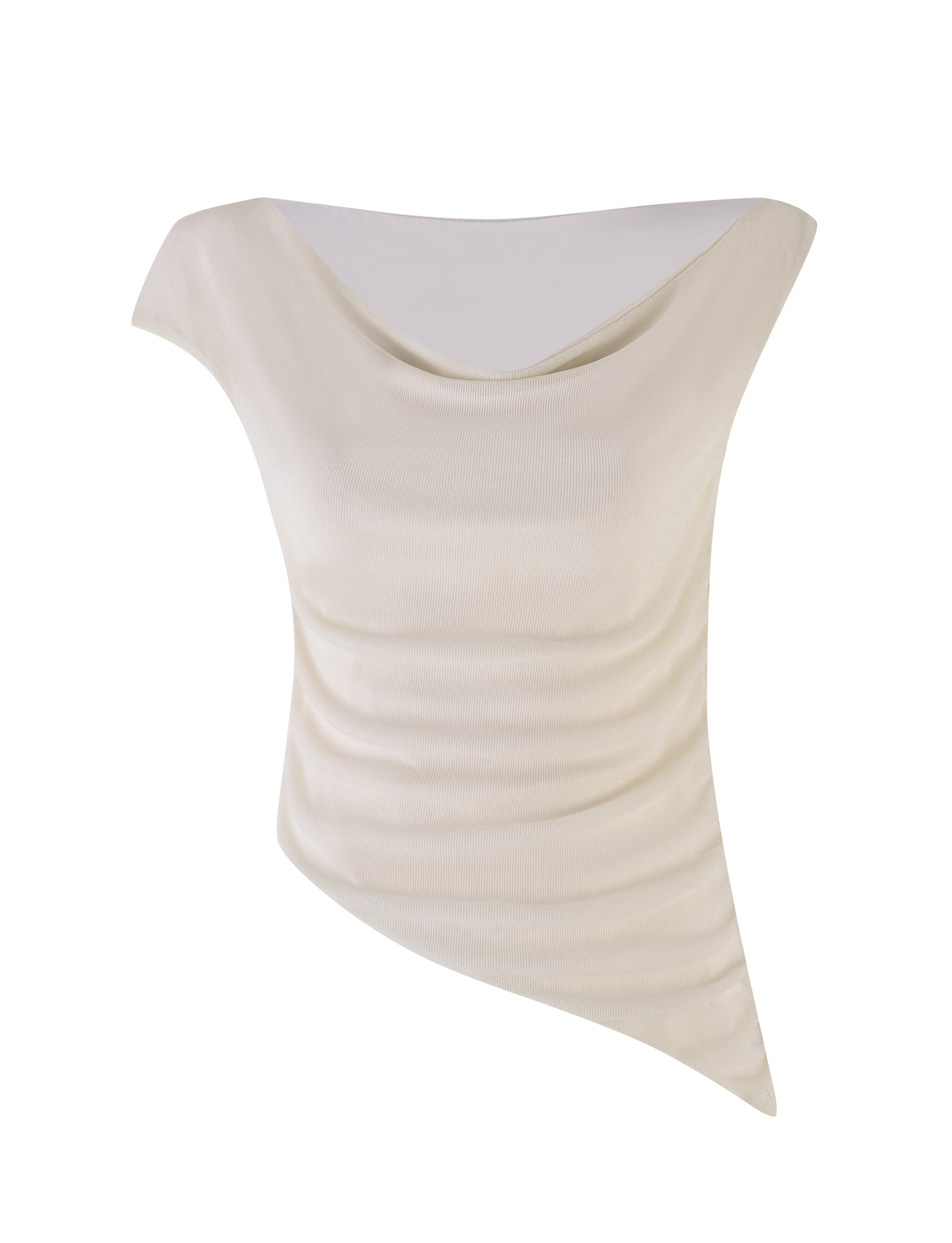 The COBI TANK - WHITE : CREAM by TIGERMIST is an off-white, sleeveless top with a draped neckline and slanted hem. Made from lightweight shimmer jersey, it features a textured finish for an elegant, asymmetrical look.