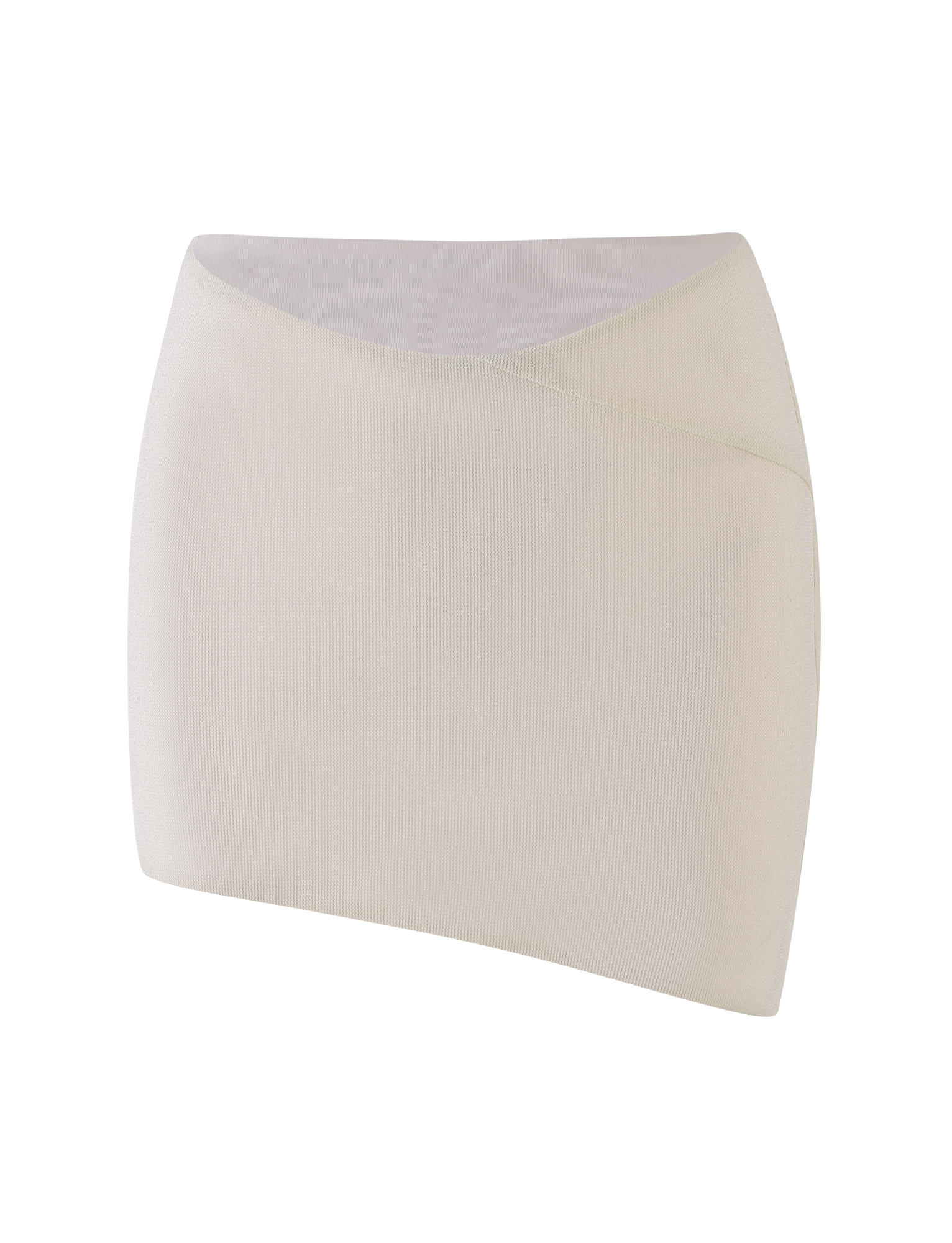 The TIGERMIST COBI SKIRT - WHITE : CREAM is a white ribbed knit mini with a subtle asymmetrical, low-rise waistband, shown against a plain white background.