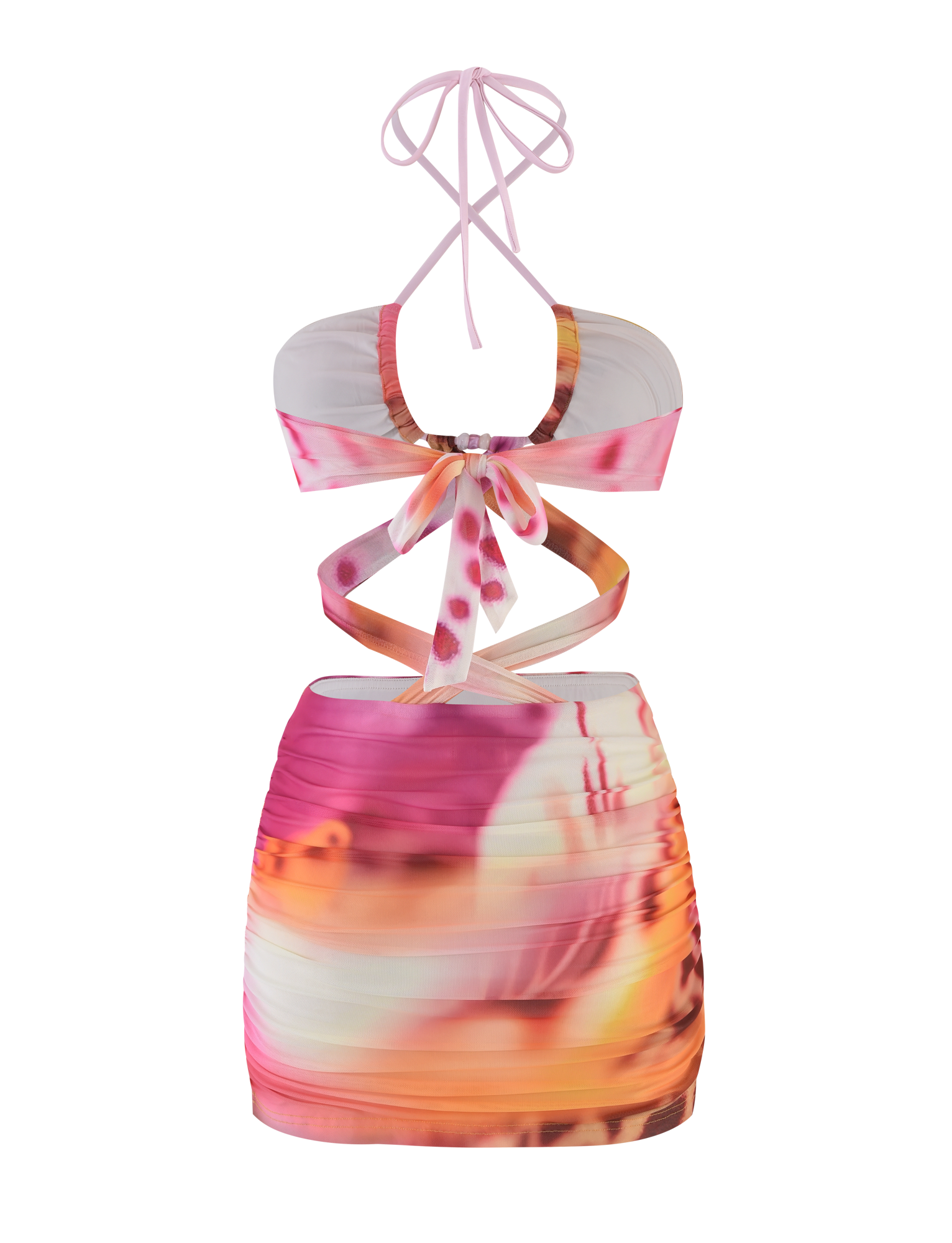 The ZARIAH MINI DRESS - MACRO ORCHID by TIGERMIST is a colorful bodycon mini dress with an abstract pink, orange, and white pattern, featuring front and side cutouts, ruching, adjustable bust panels, and a ribbon tie back.