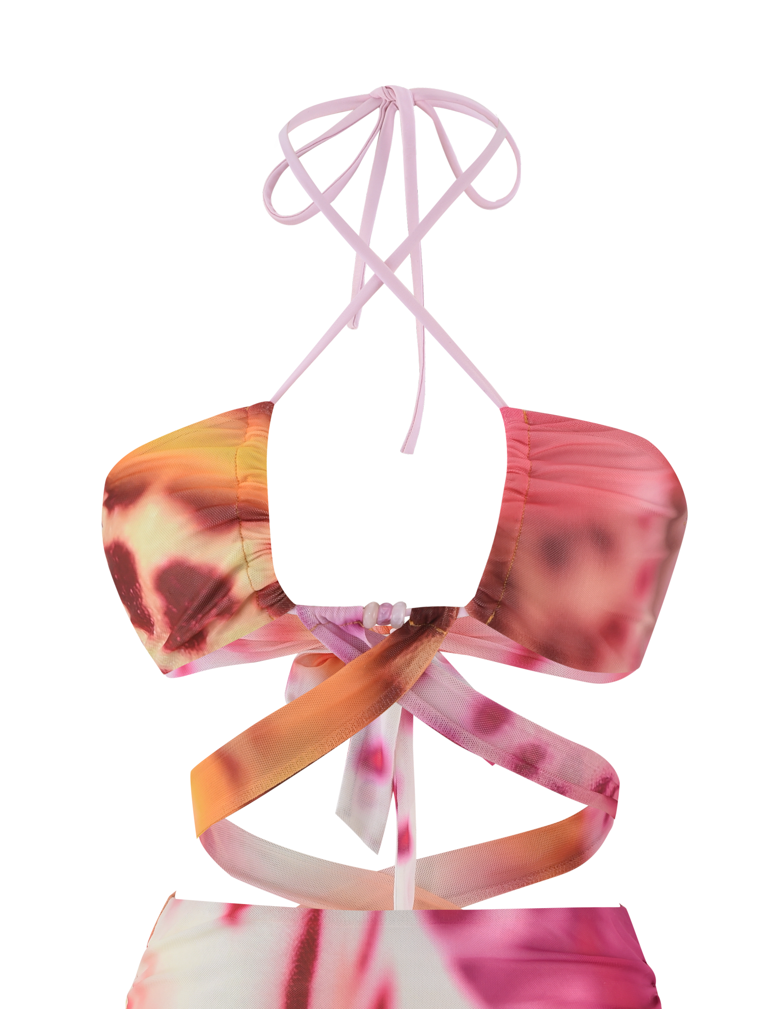 The TIGERMIST ZARIAH MINI DRESS - MACRO ORCHID showcases vibrant pink, orange, and red abstract patterns with a flattering fit and adjustable details for stylish comfort.