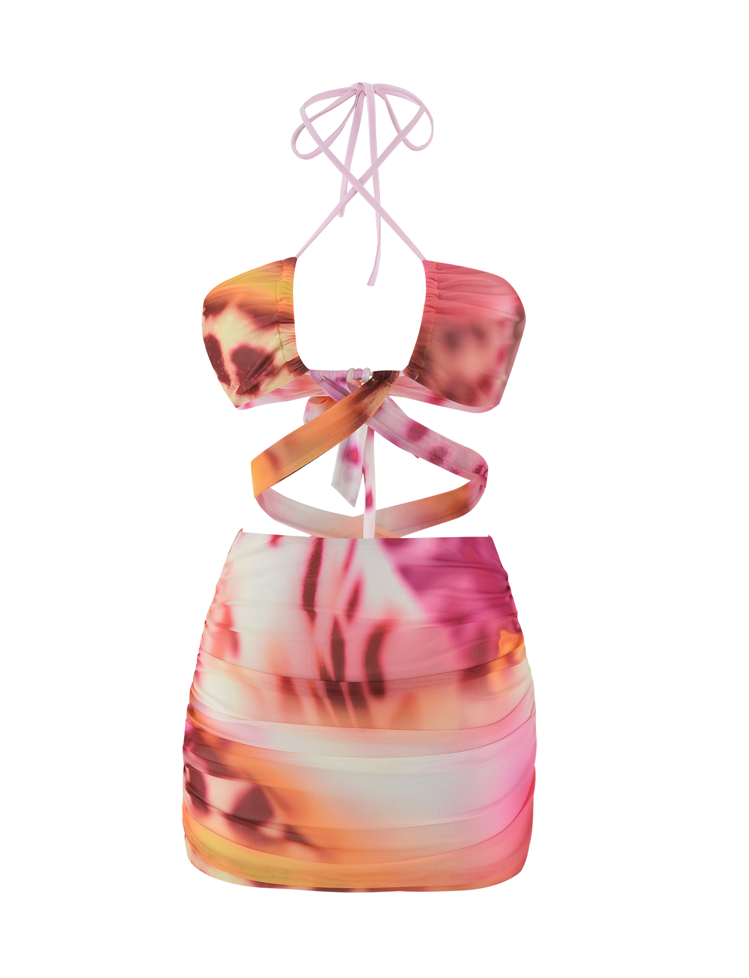 The TIGERMIST ZARIAH MINI DRESS - MACRO ORCHID is a sleeveless, fitted bodycon mini with pink, orange, and white abstract tie-dye, cut-out sides, crisscross halter neck straps, and adjustable bust panels.